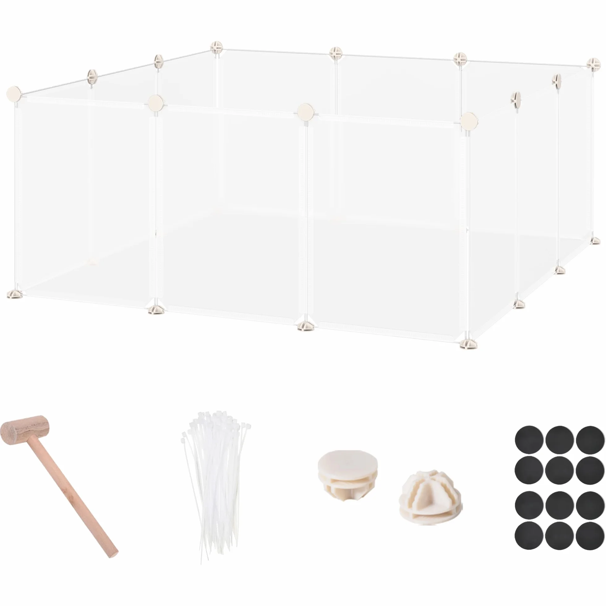 PawHut Valla para Mascotas, Jaula Modular, Recinto Interior de Plástico Transparente con 12 Paneles, 24 Conectores, para Cobayas, 105x105x45 cm, Blanco
