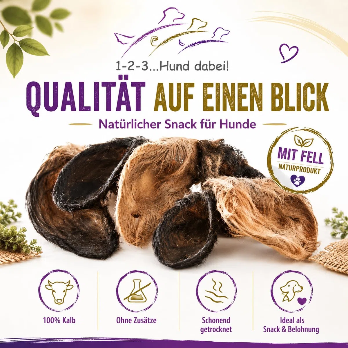 Orejas de ternero/vacuno con concha y piel XXL, secado suave, bien tolerado, limpieza gastrointestinal natural (100)
