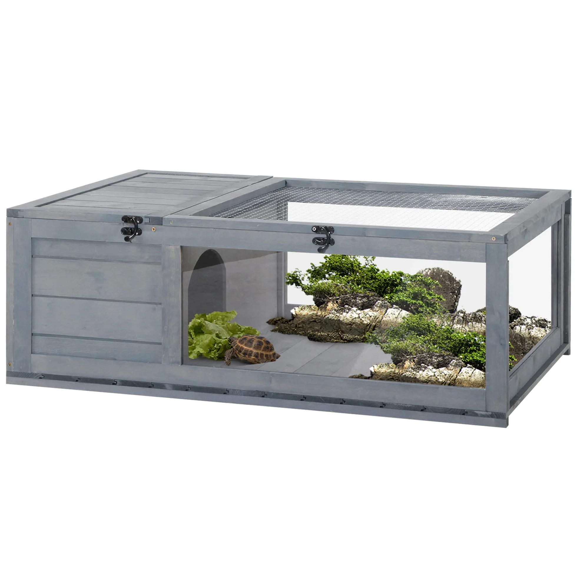 PawHut Casa para Tortugas de Madera, Terrario para Reptiles con Techo de Malla, Paneles Laterales Transparentes Extraíbles y Pestillo de Seguridad, Caseta para Tortugas, 91x60,5x32 cm, Gris