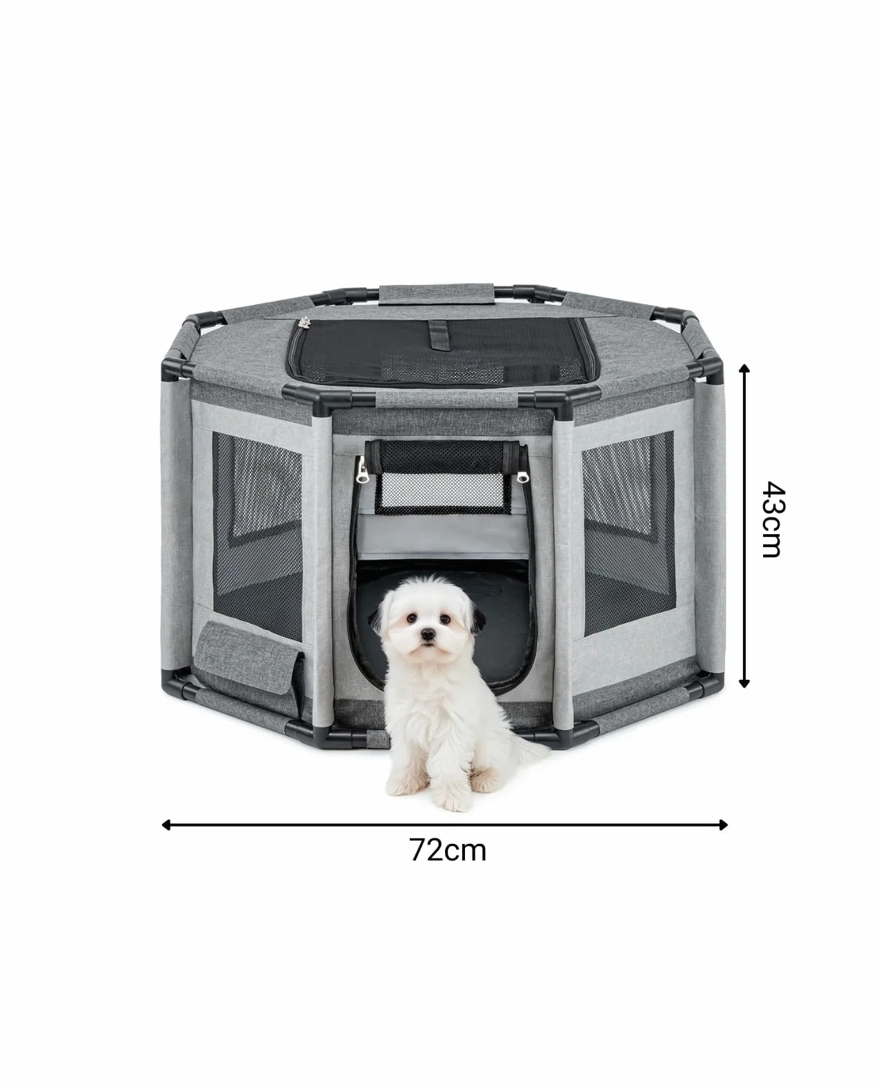 lionto Parque para Perros en Tela Oxford, Malla Transpirable, con Cremallera y Bolsillo Lateral, Estructura de Tubos PVC, Jaula Octogonal para Perros y Gatos, 72x72x43 cm, Gris
