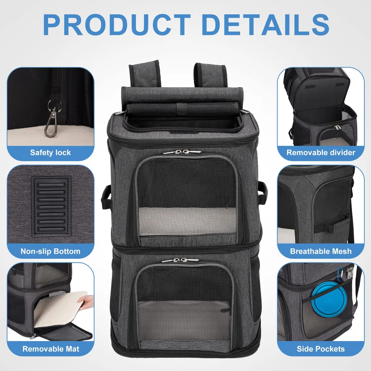 Mochila 2 en 1 para 2 Gatos Máxima 12 kg, Transportin Doble para 2 Gatos, Transportador Portátil de Viaje para Mascotas, Transpirable y Plegable, Negro