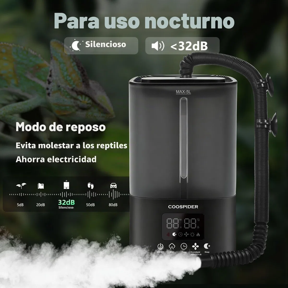 Tararium Nebulizador de terrario de 5 litros con temporizador y sensor de humedad – Humidificador automático de reptiles para serpientes, camaleones, tortugas – niebla ultrasónica silenciosa