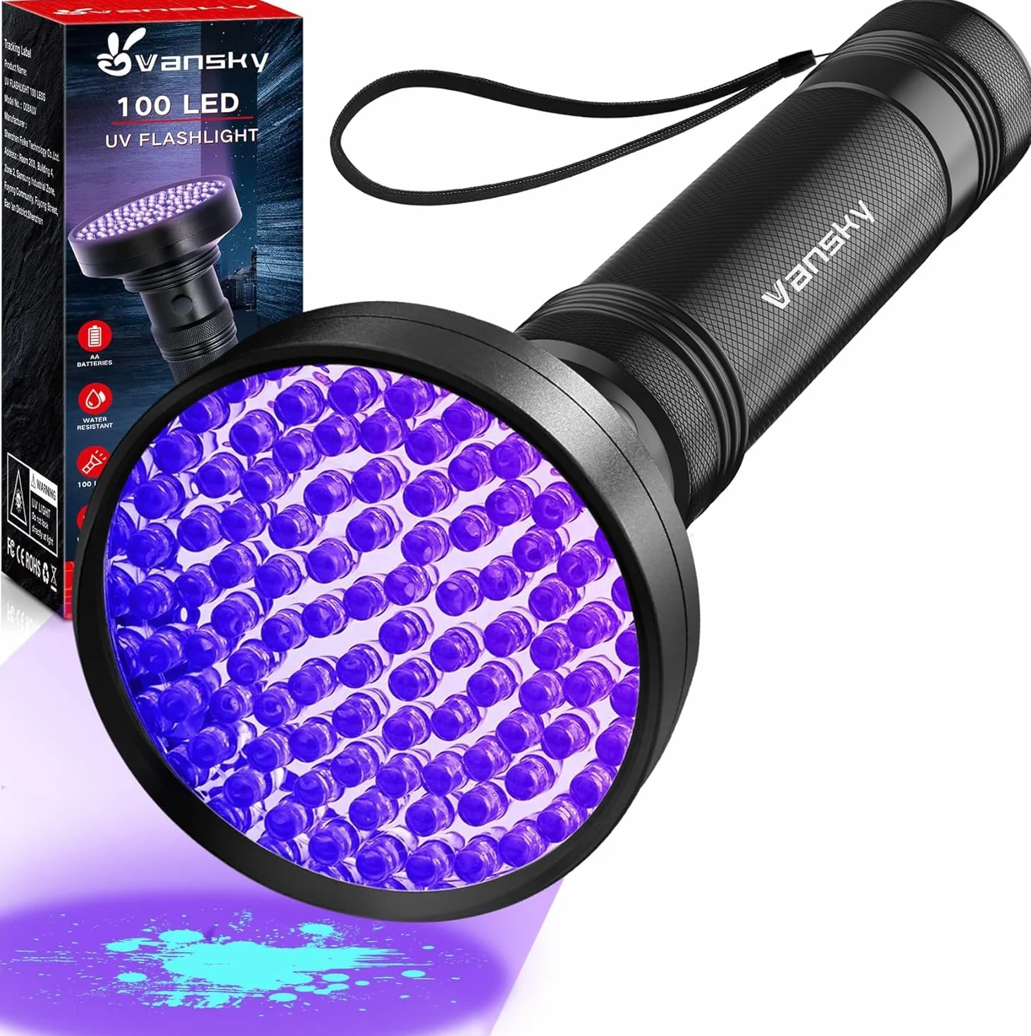 Vansky Lámpara UV de luz negra, linterna de 395 nm: luz UV con 100 LED UV para mascotas, detector de orina, lámpara de luz negra para manchas secas de sus perros, gatos y roedores en alfombras