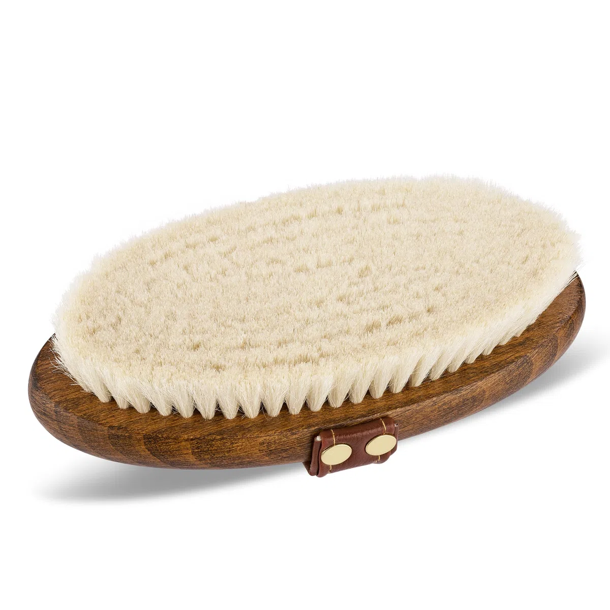 Cepillo de brillo – 100 % pelo de cabra | Cepillo para caballos con mango de madera y correa de cuero vegano | Cuidado suave del pelaje con acabado brillante y antielectrostático