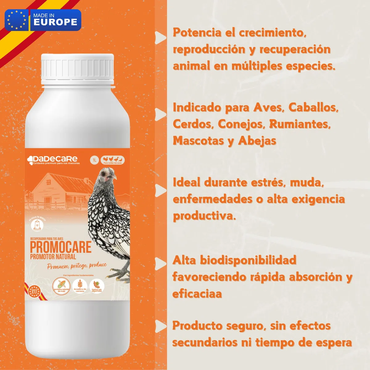 Promocare – Promotor Multivitamínico 1L para Aves de Corral y Ornamentales – Multivitamínico Aviar con Aminoácidos y Antioxidantes – Vitaminas para Aves en Solución Líquida