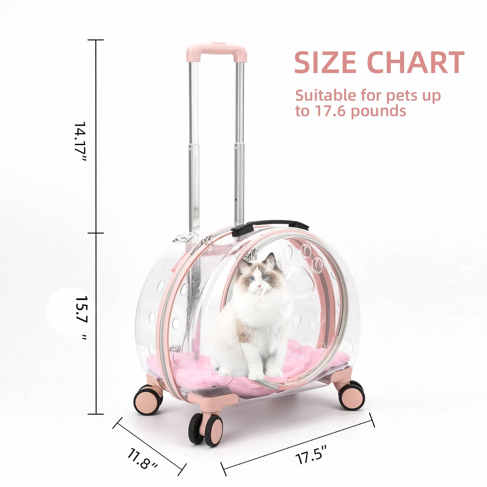 Transportín transparente y totalmente transpirable para gatos con ruedas giratorias para perros, gatos o conejos, más opciones de transporte, perfecto para viajar/hacer un paseo (rosa)
