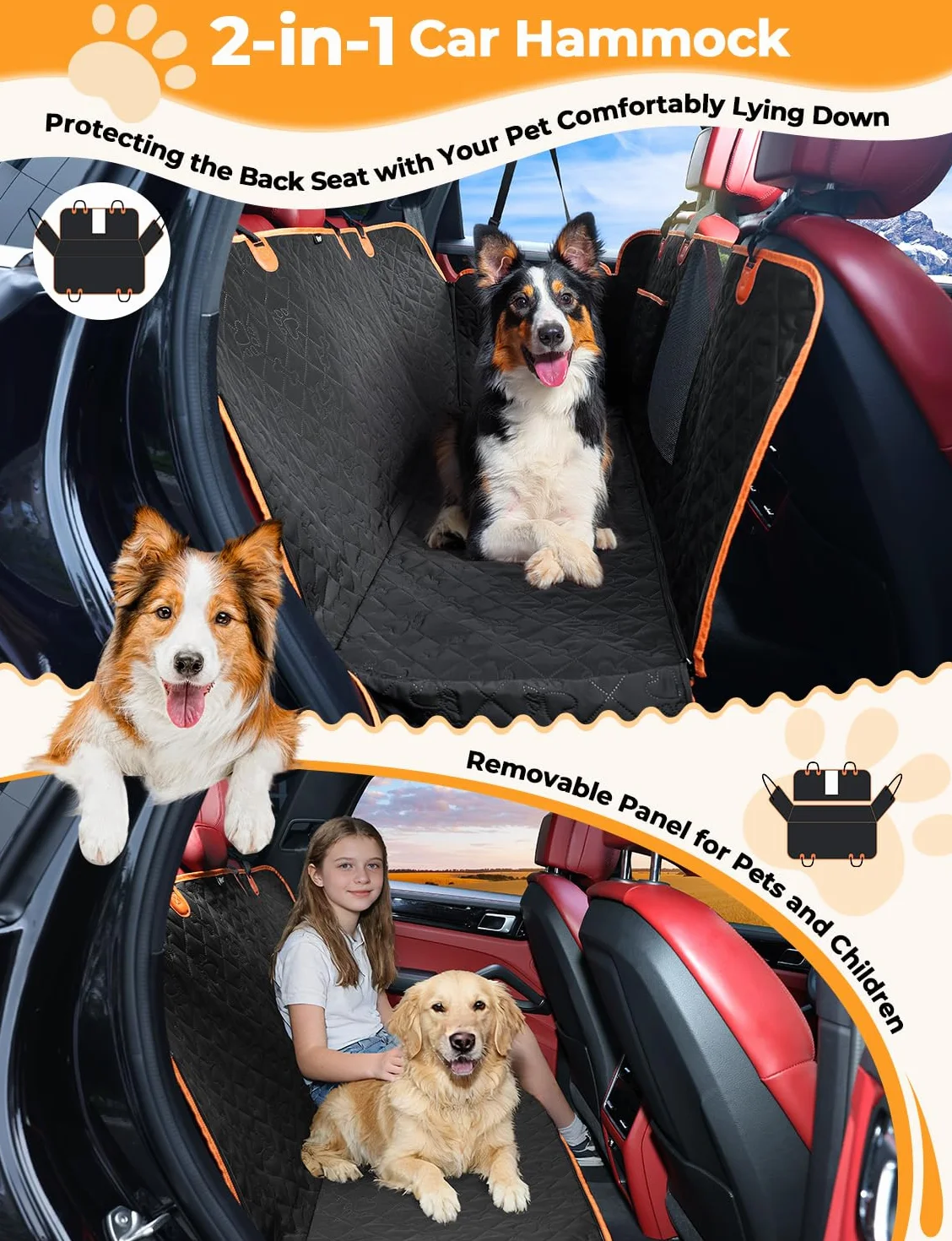 KYG Funda de Asiento para Coche para Mascotas - Diseño Desmontable, Ventana de Malla Transpirable, Correa de Seguridad Antiescape, Impermeable y Antideslizante - Universal para Perros y Gatos (Negro)