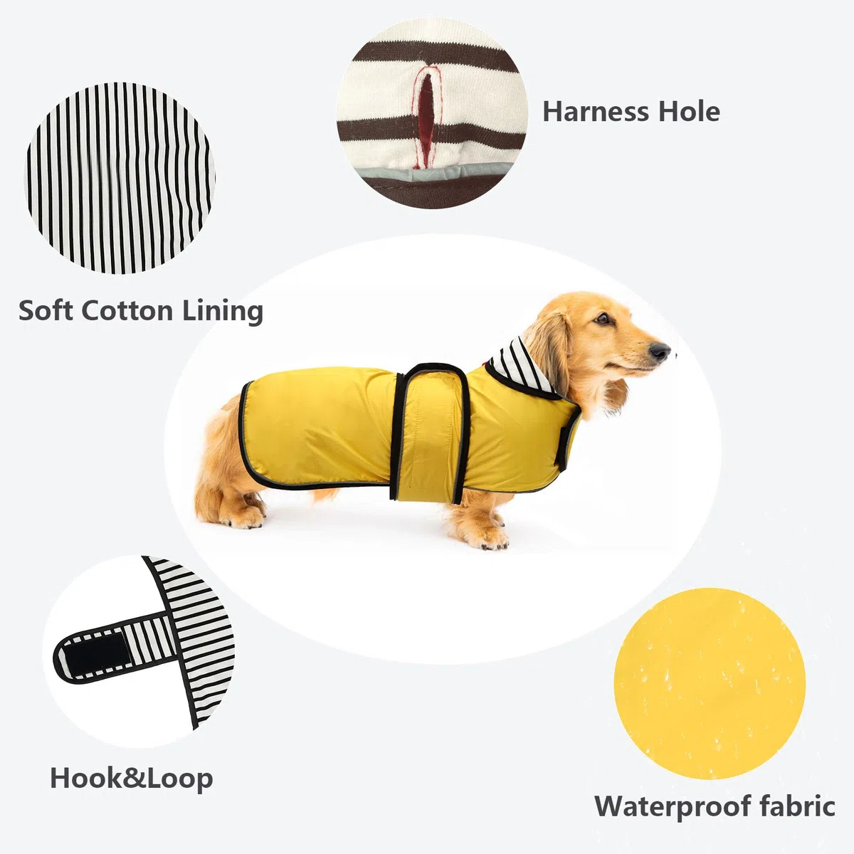MOREZI Impermeable Elegante para Perros. Impermeable y Resistente a la Lluvia. con Bandas Reflectantes y Correas Ajustables. Adecuado para Perros salchichetes-Amarillo-S