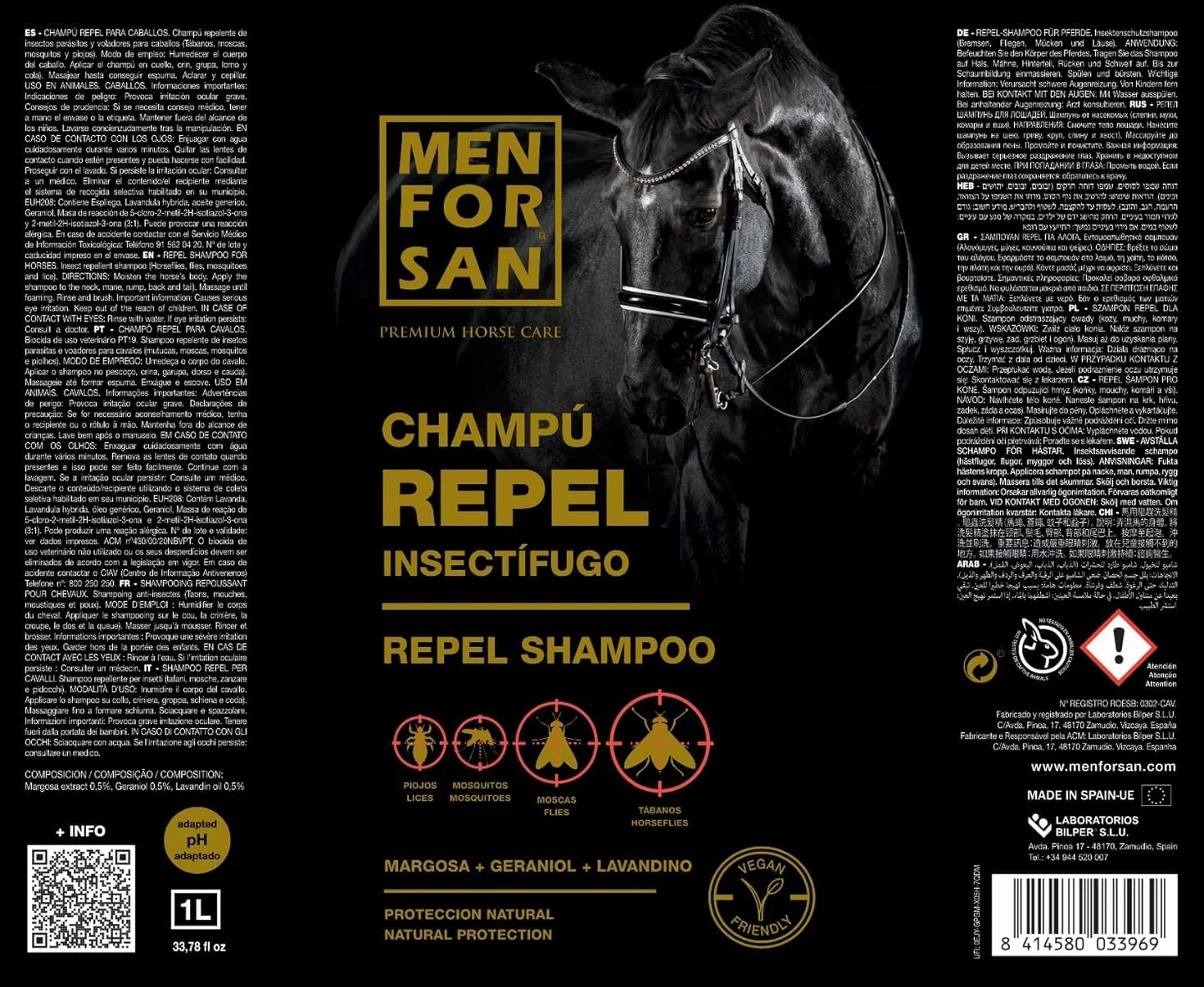 MENFORSAN - Pack 2 Unidades - Champú Repelente con citronela Caballos - 1L