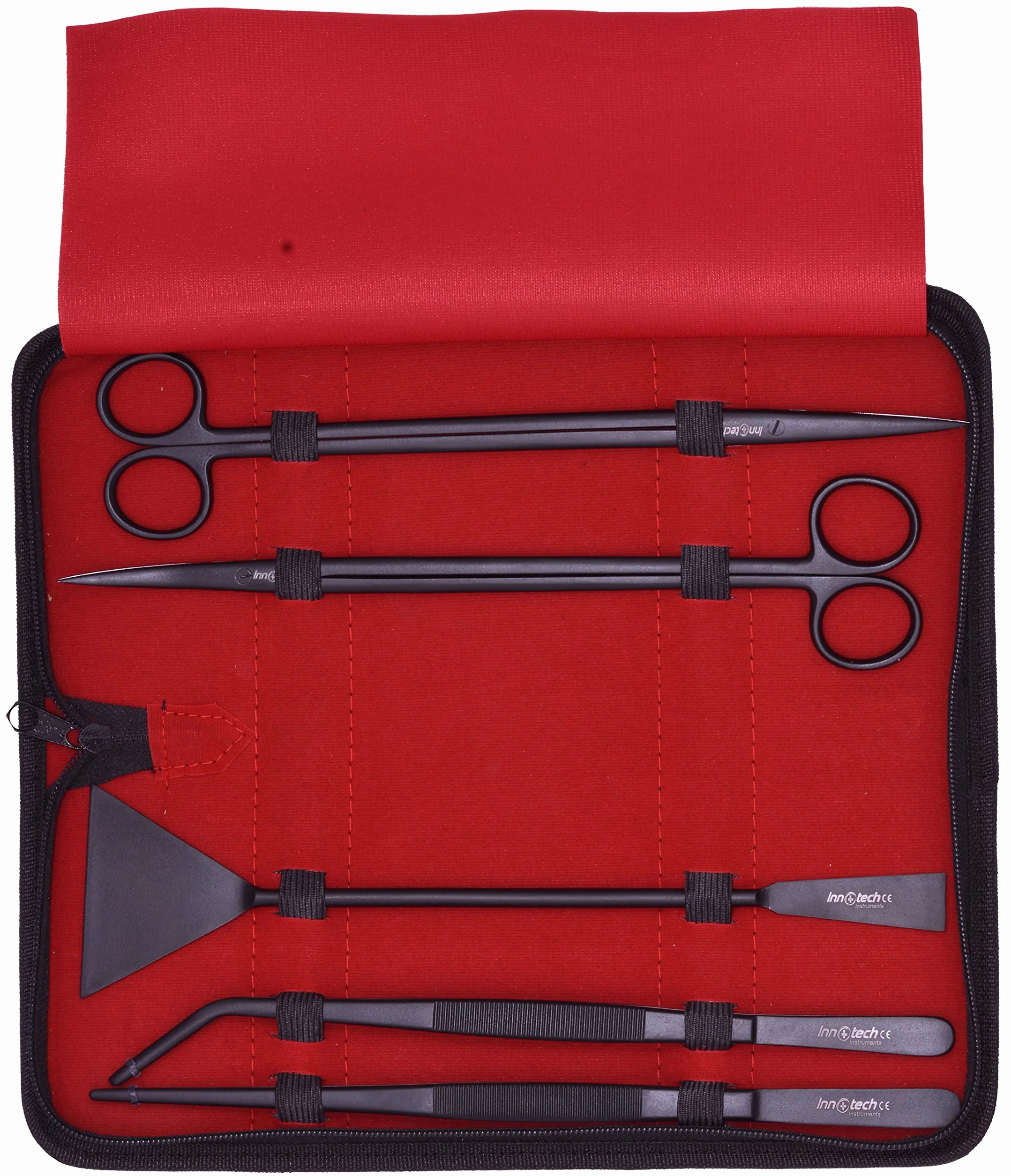 Innotech - Kit de limpieza para acuarios, color negro, juego completo de herramientas para el cuidado del terrario, 5 unidades de acero inoxidable, con estuche de 25 cm