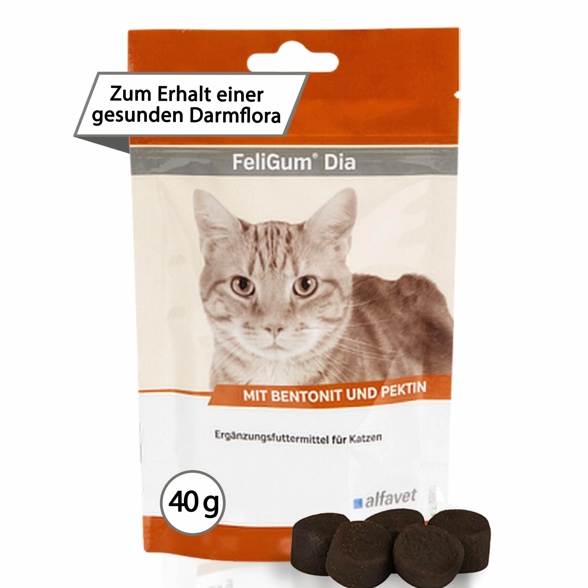 Alfavet FeliGum Dia - Alimento complementario para Gatos con diarrea - Trastornos de absorción intestinal - Pastillas masticables - Bolsa 40g