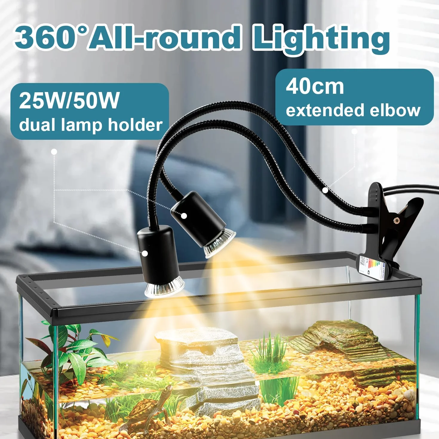 Lámpara para Tortuga de Dos Cabezas, 25W+50W Lámpara de Calor de Reptil E27, UVA+UVB Tortugas de Agua con 2 Bombillas para Lagarto, Tortuga, Serpiente, Camaleón, etc.(Negro)