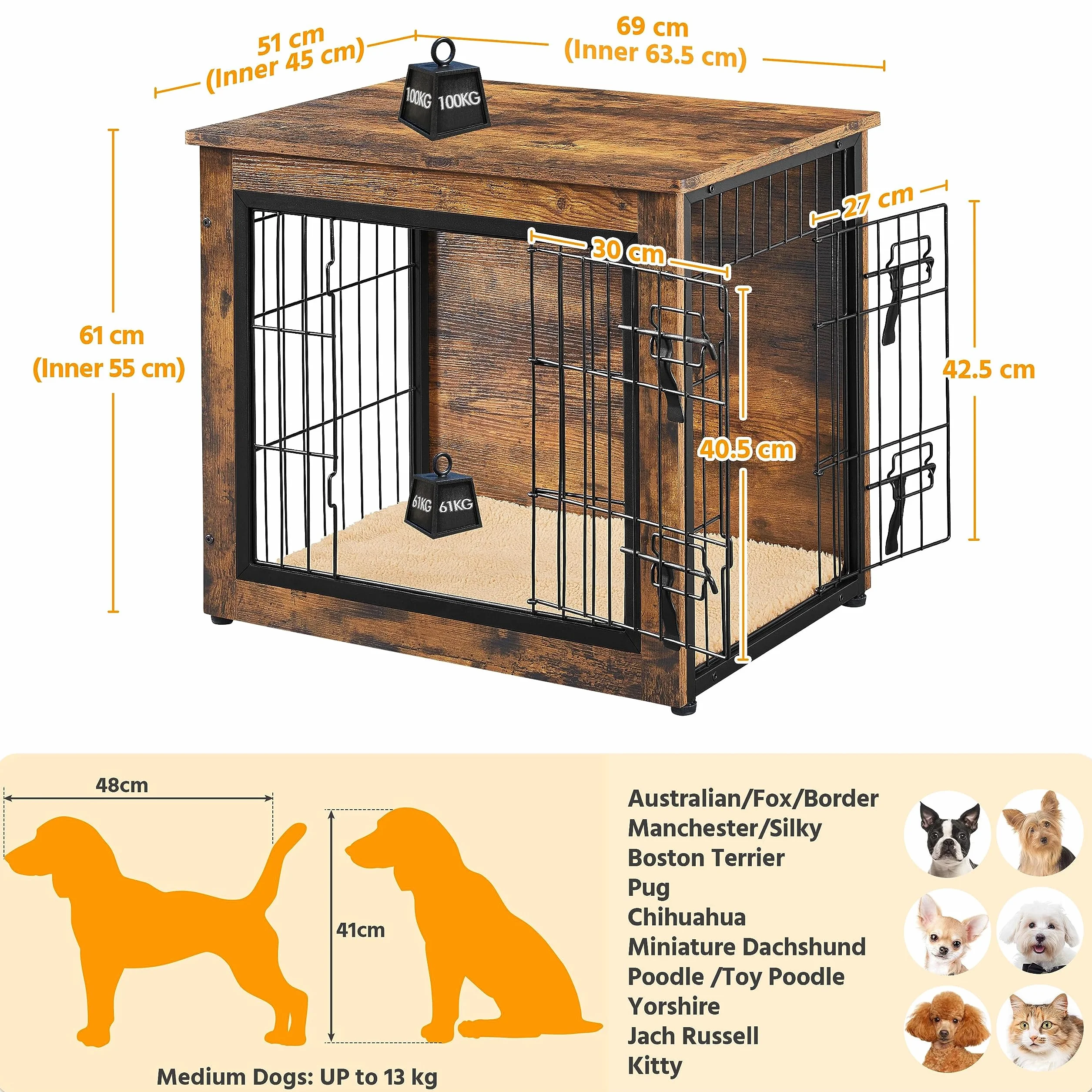 Yaheetech Jaula para perros de madera, estilo mueble, jaula para mascotas con 2 puertas y cojines, moderna caseta para perros pequeños/medianos de hasta 61 kg, 69 x 51 x 61 cm, color marrón