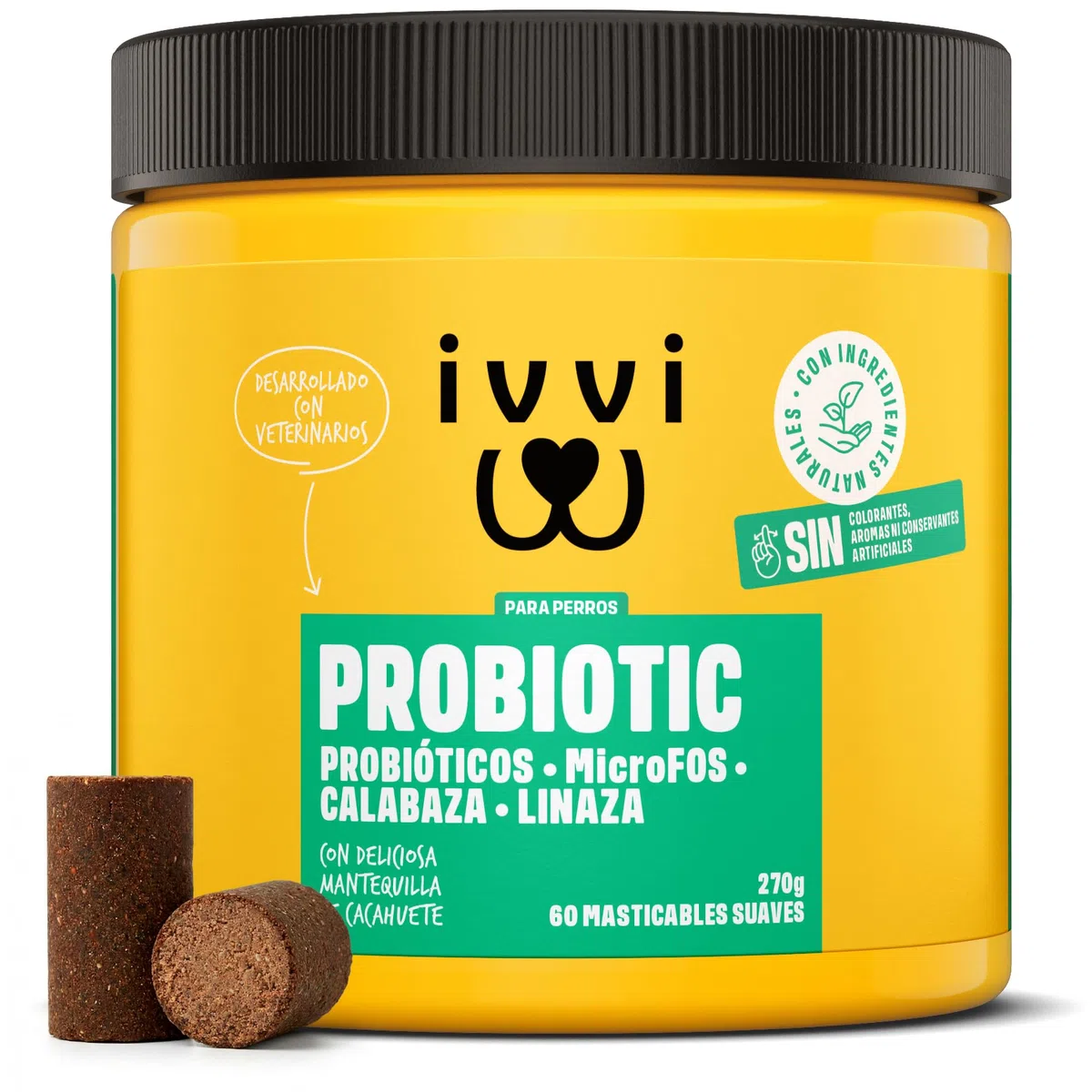 ivvi Probiotic Complemento Alimenticio para Perros Bienestar Digestivo – Probióticos, Calabaza, Avena, Semillas de Lino y Calabaza - 60 Deliciosas Golosinas Vegetarianas, 270g
