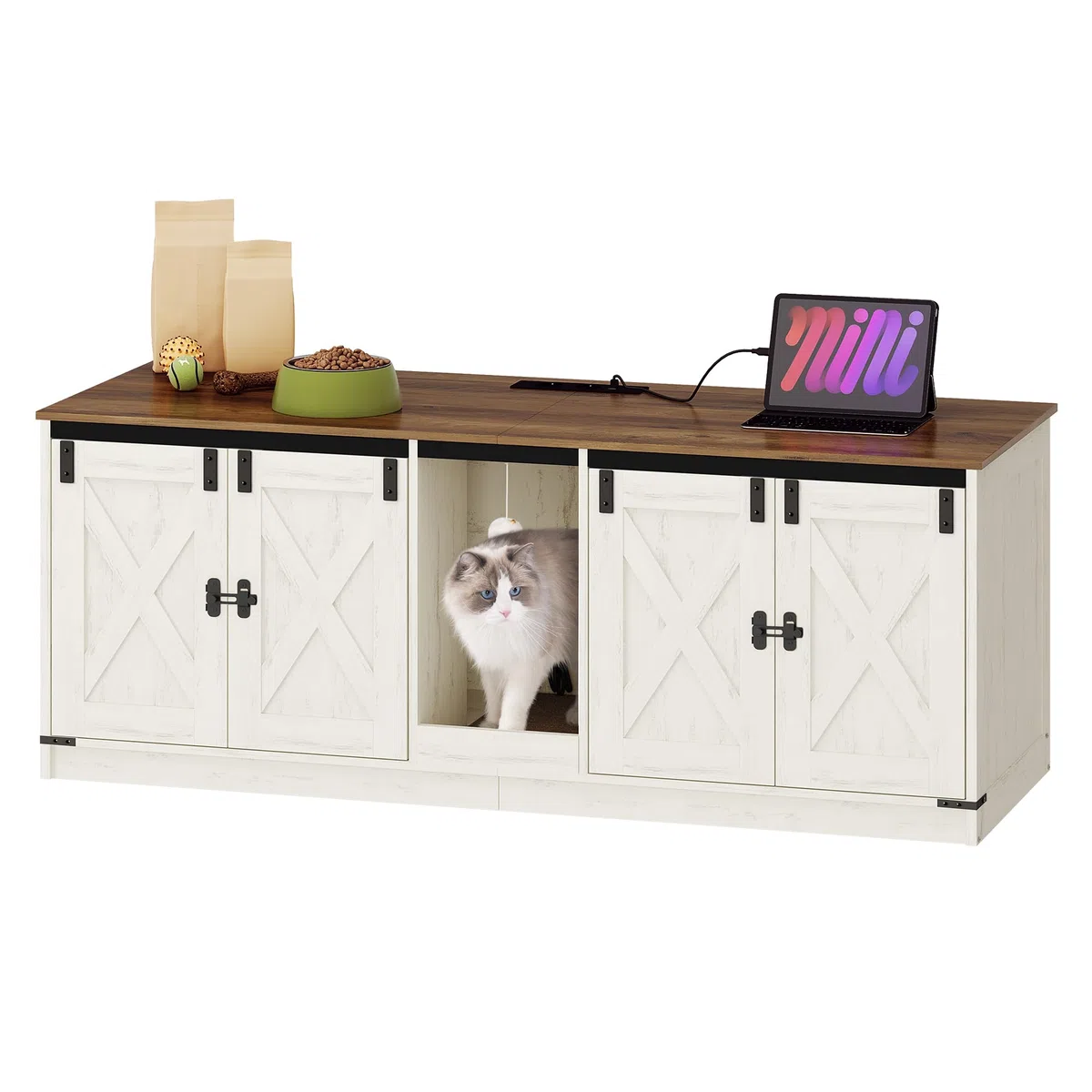 Hzuaneri Armario para Gatos, Mueble Arenero Gato con Puertos USB y Tomas de Corriente, Mueble Arenero Oculto de 140cm para 2 Gatos, Casa para Gato de Interior, Marrón Rústico y Blanco CB82514X