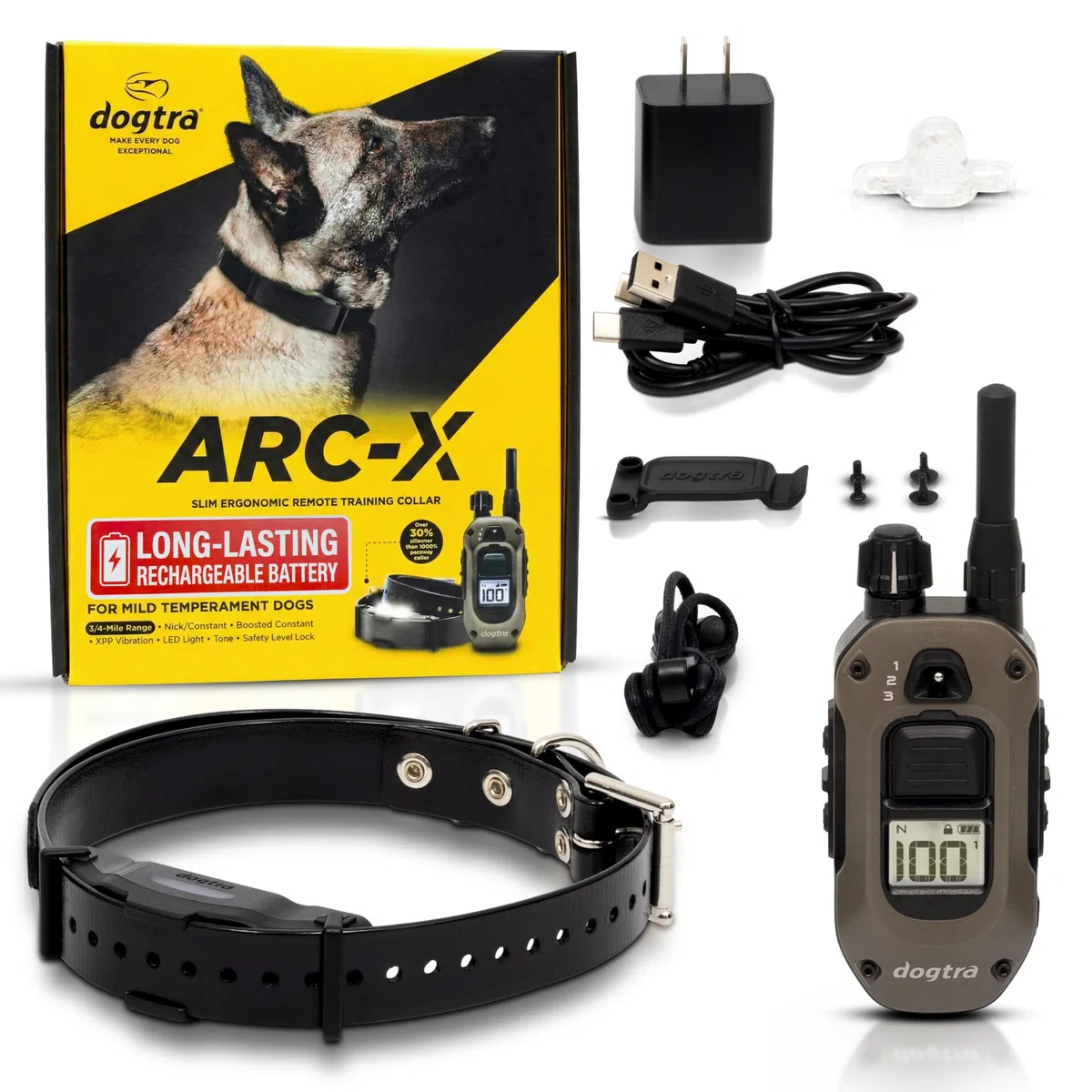 Dogtra ARC-X E-Collar para entrenamiento de perros, rango de 3/4 millas, para perros de 15 libras +, diseño delgado, IPX9K impermeable, 100 niveles de estimulación, vibración, tono, recargable, dueños