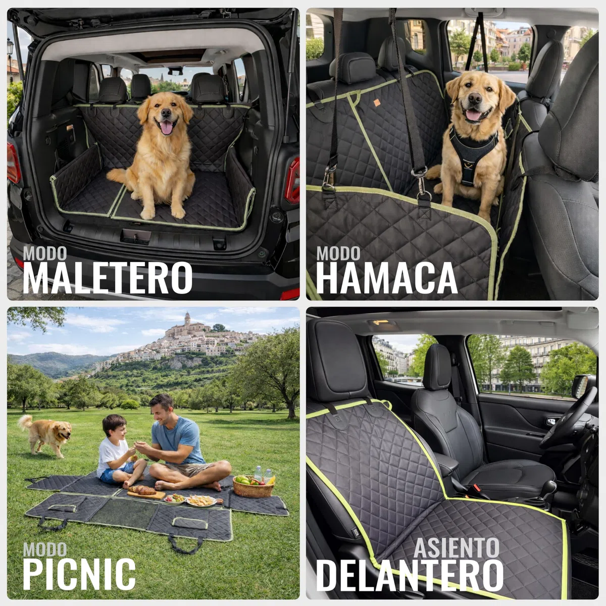 Funda Perro Coche Asientos Traseros 6-En-1 | Fundas para Coches Asientos Impermeables 600D con Ventana De Malla Y Laterales Elevados | Protector Asiento Coche Perro Trasero Negro/Verde