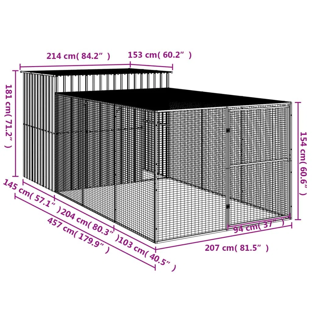 vidaXL Caseta Perros con Corral, Casa Jaula para Mascotas con Tejado, Perrera para Cachorros, Refugio para Animales, Acero Galvanizado Gris