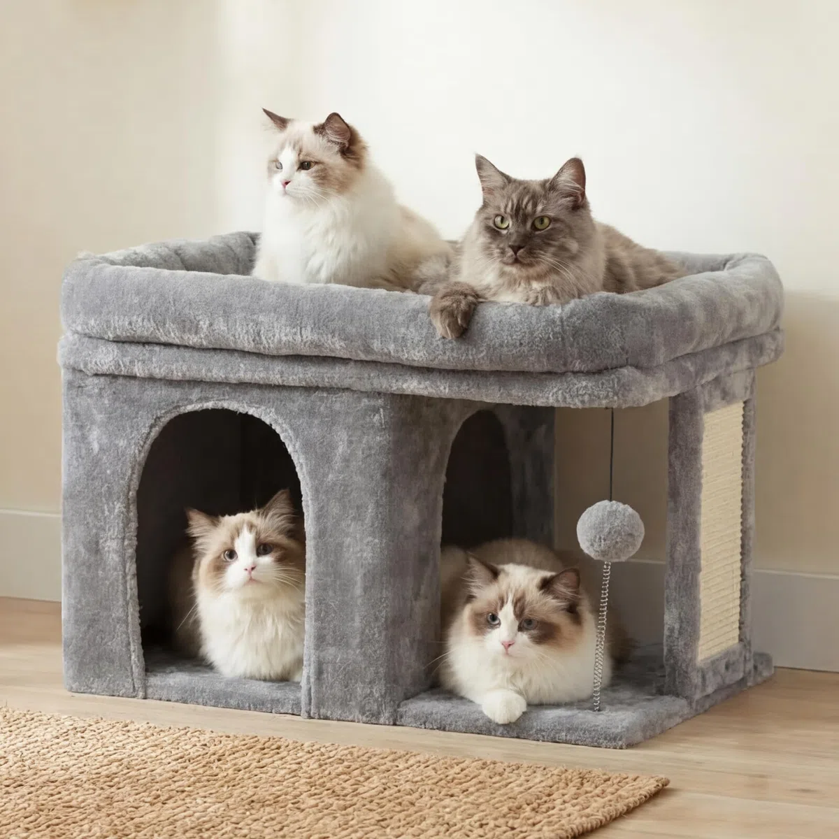 Heybly Rascador para Gatos, Árbol para Gatos de 35 cm con Amplia Plataforma y Acogedora Casita, Adecuado para Gatos Adultos, con Tablero de Sisal y Pelota de Felpa, Gris Claro HCT203SW