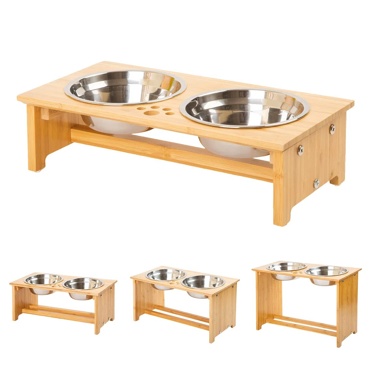 Cajones para Perros levantados para Gatos y Perros - Cajones de Comida y Agua para Gatos con elevaciones de bambú Soportes para alimentadores con 2 tazones de Acero Inoxidable (S)