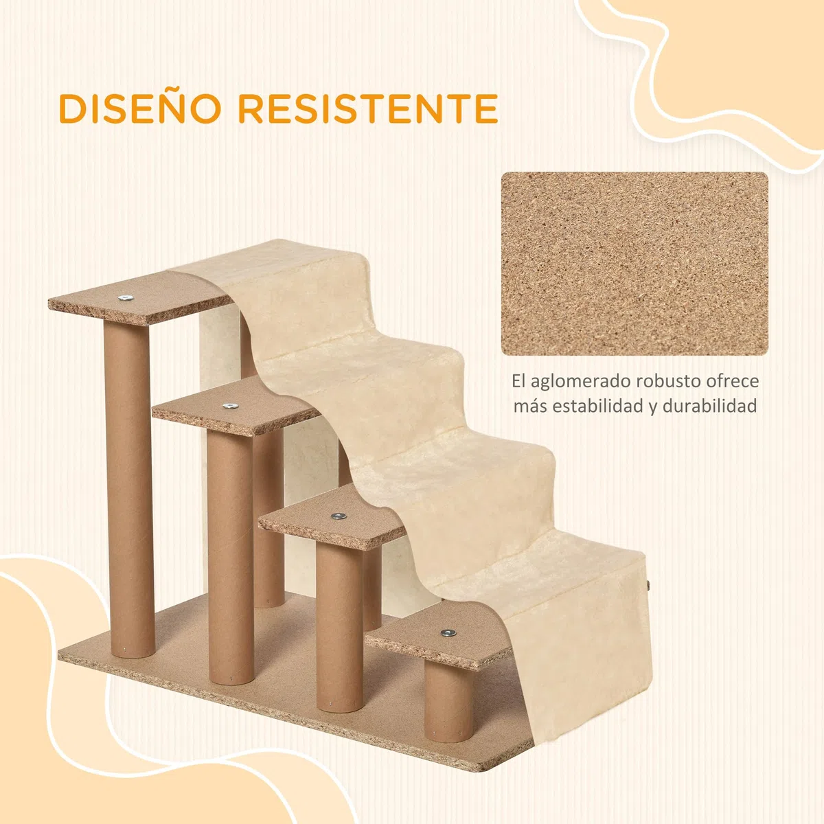 PawHut Escalera para Perros de 4 Peldaños Escalera para Mascotas con Funda Extraíble y Lavable para Cama Sofá 60x35x44 cm Beige