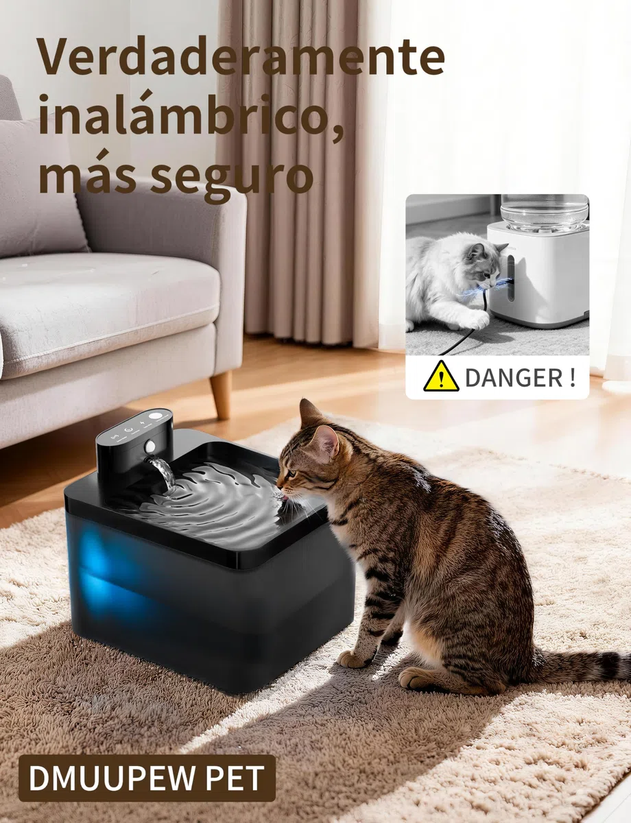 Fuente para gatos, 2,2 l, inalámbrica con LED, detector de movimiento, bomba silenciosa 30 dB, batería de 2600 mAh, filtración premium