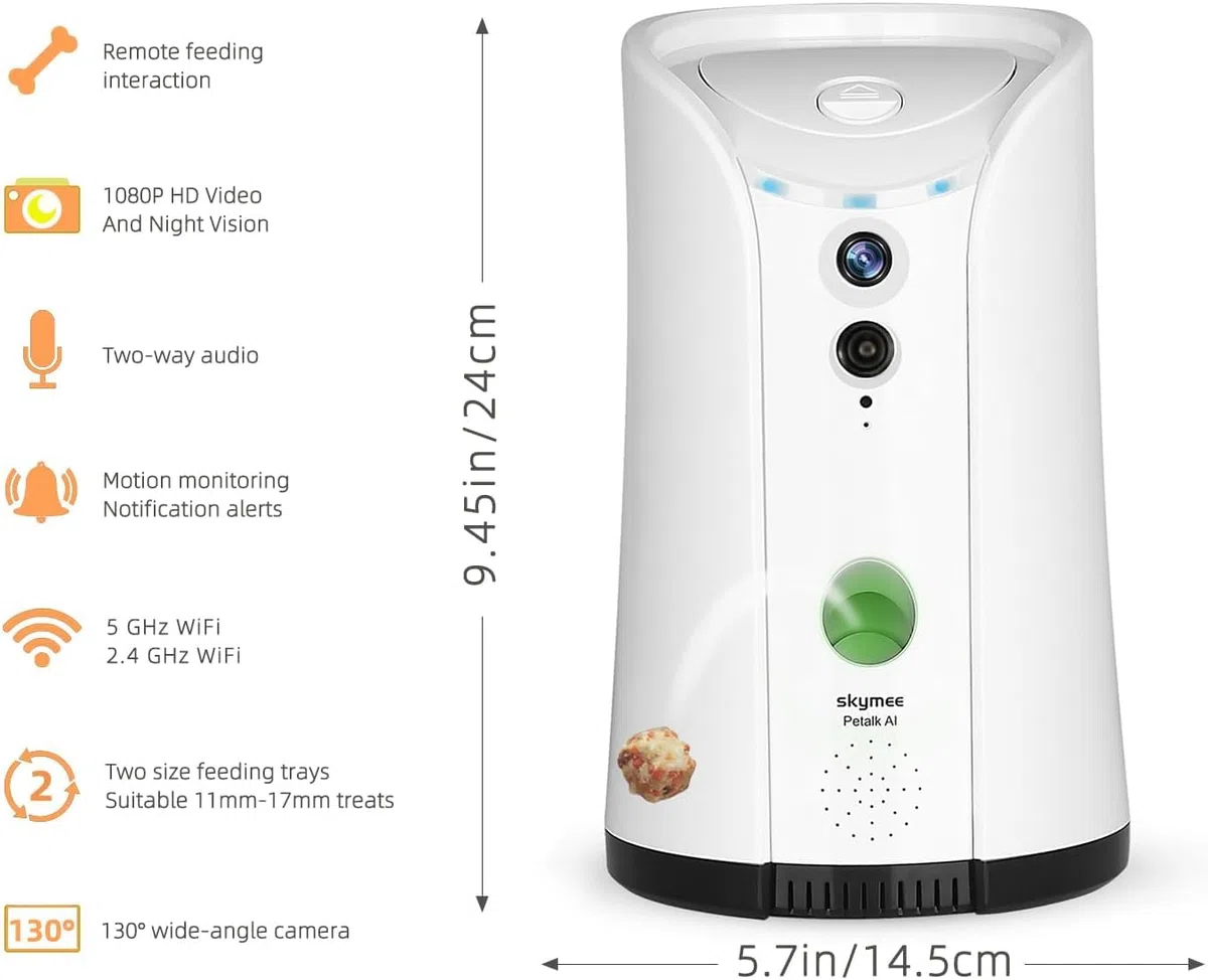 SKYMEE Dispensador de premios para cámara de Perro, WiFi Full HD cámara para Mascotas con Audio bidireccional y visión Nocturna, Compatible con Alexa