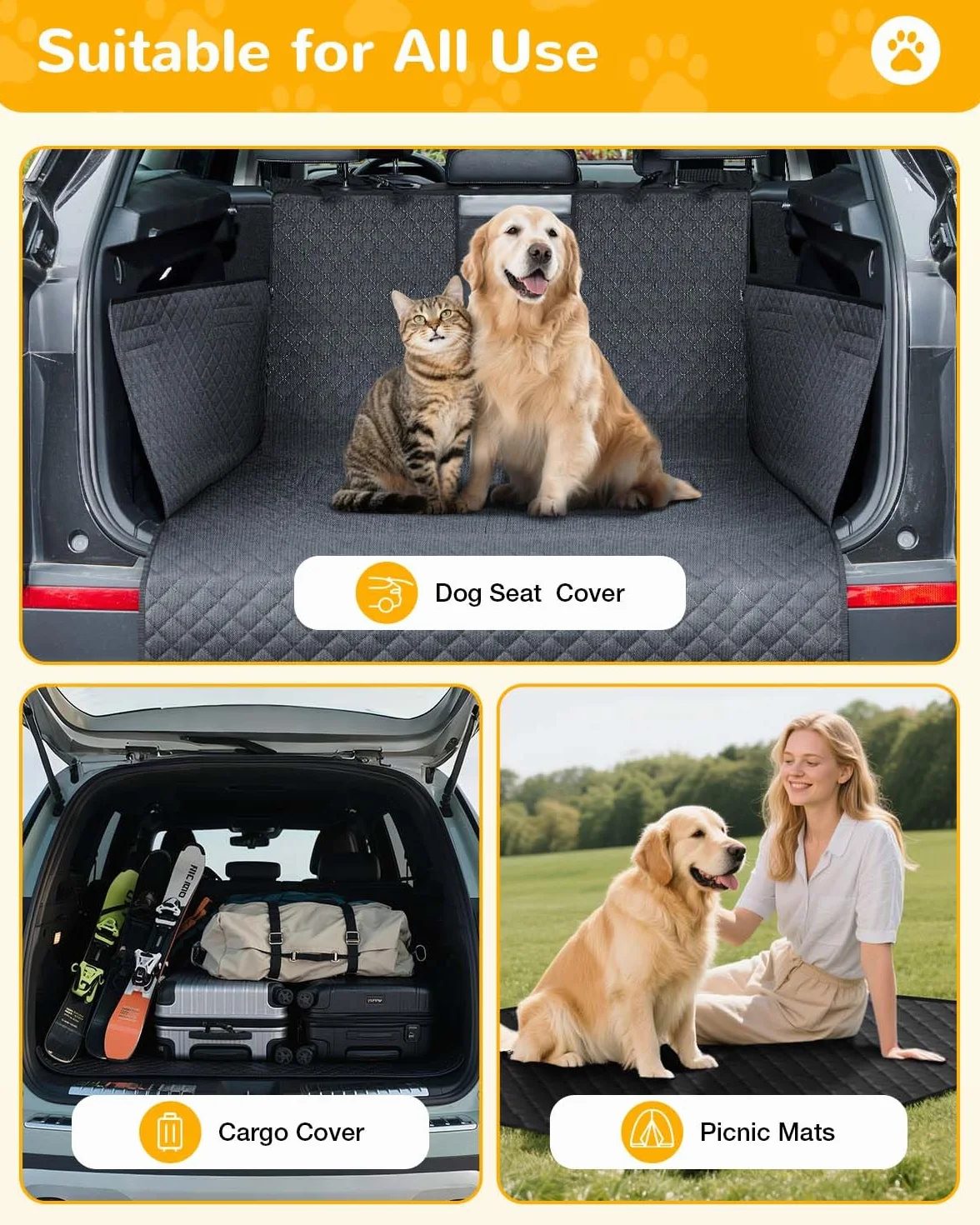 Protector de Maletero para Perros, Manta Impermeable y Antideslizante con Protección Lateral y de Parachoques, Funda Resistente y Fácil de Limpiar para Maletero de Coche - Negro