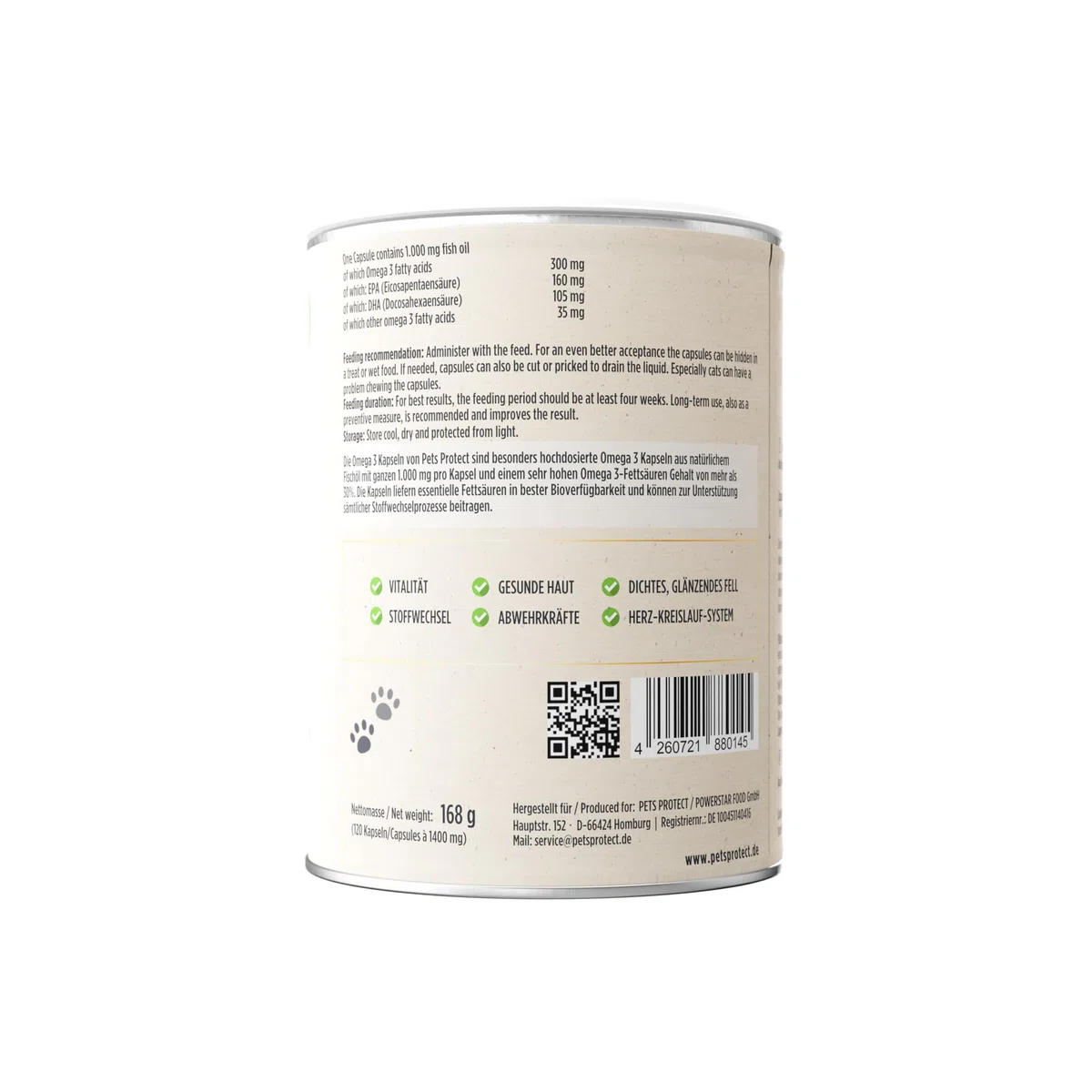 Omega-3 Cápsulas para perros y gatos | Alta dosis con 1.000 mg de aceite de pescado puro por cápsula | muy alto contenido de ácidos grasos EPA y DHA, sin PCB, sin aditivos, 120 cápsulas, fabricación