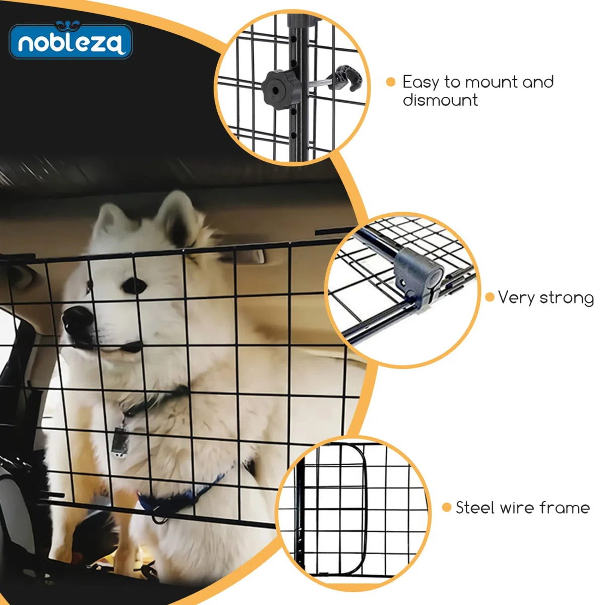 Nobleza - Barrera Protectora de Coche para Perros, Rejilla Separador Perro Coche Extensible Universal Reja de Seguridad Barrera, para Perro y Maletas Mascota Apoyo para Cabeza 96-145x30cm Acero