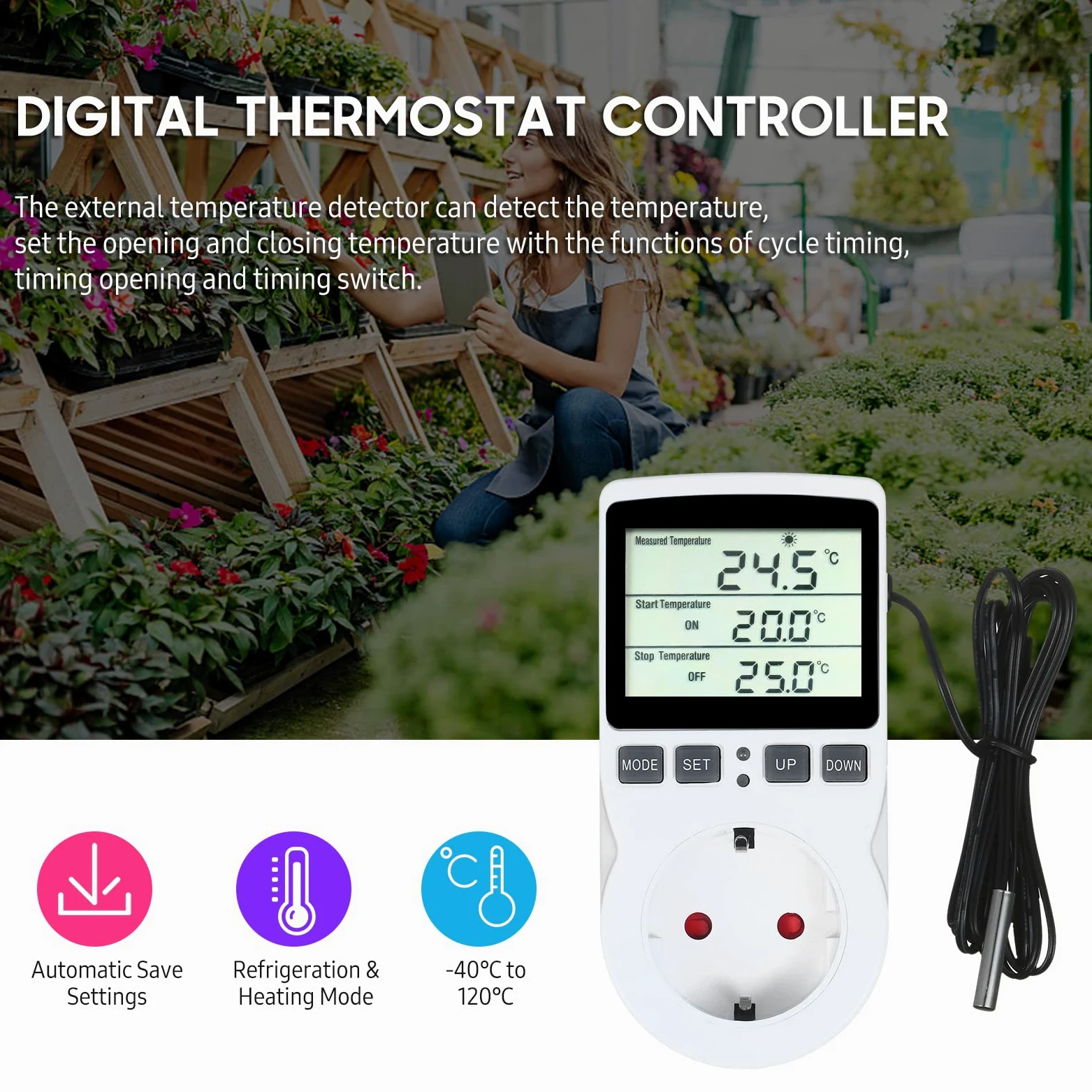 Termostato Digital, Weytoll Termostato LCD Enchufe de Salida Control de Enfriamiento de Calefacción para Terrario Acuario Reptiles Toma de Salida con Control de Temperatura con Temporizador y Sonda
