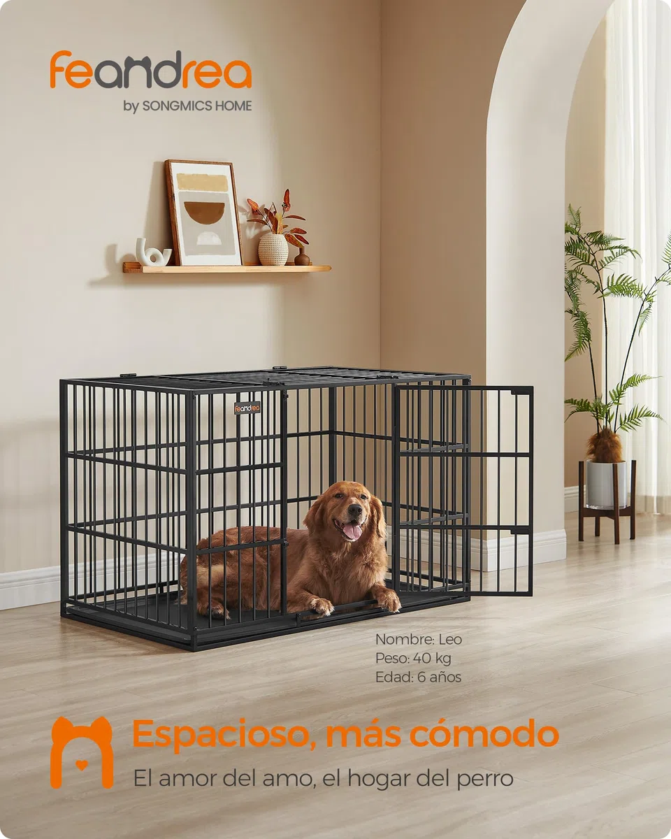 Feandrea Jaula Pesada para Perros, Jaula para Mascotas, 122 x 75 x 80 cm para Perros Medianos y Grandes, con Bandeja Extraíble, Doble Puerta, Fácil de Limpiar, Negro Tinta PPD006B01
