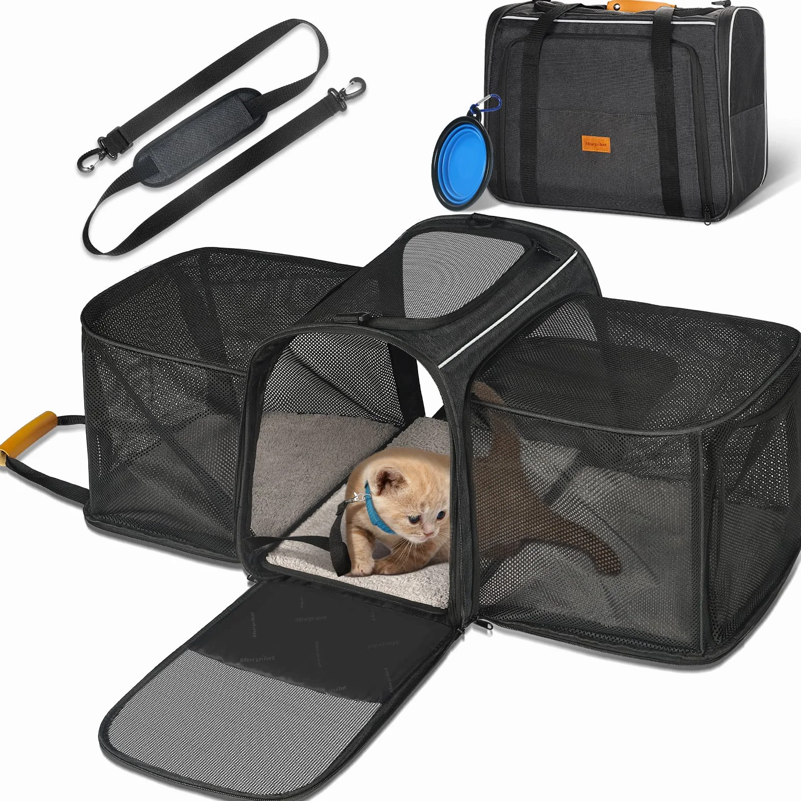 Morpilot Transportador para Gatos, Bolso expandible de 2 Lados para Gatitos y Cachorros de hasta 7 kg, Bolso Plegable de Viaje para Gatos Aprobado por la aerolínea con Almohadilla Lavable 45x36x30cm