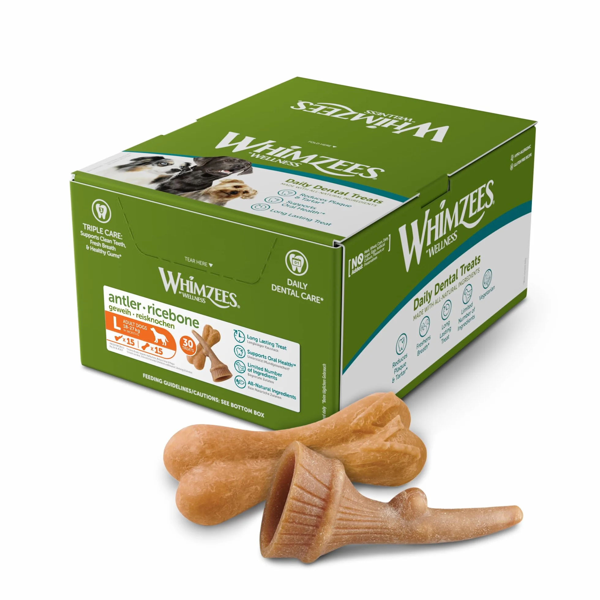 WHIMZEES Caja Surtida L, 30 Piezas – Talla L, Golosinas para Perros Grandes, Naturales y Sin Cereales, Vegetarianas, Sin Azúcares Añadidos