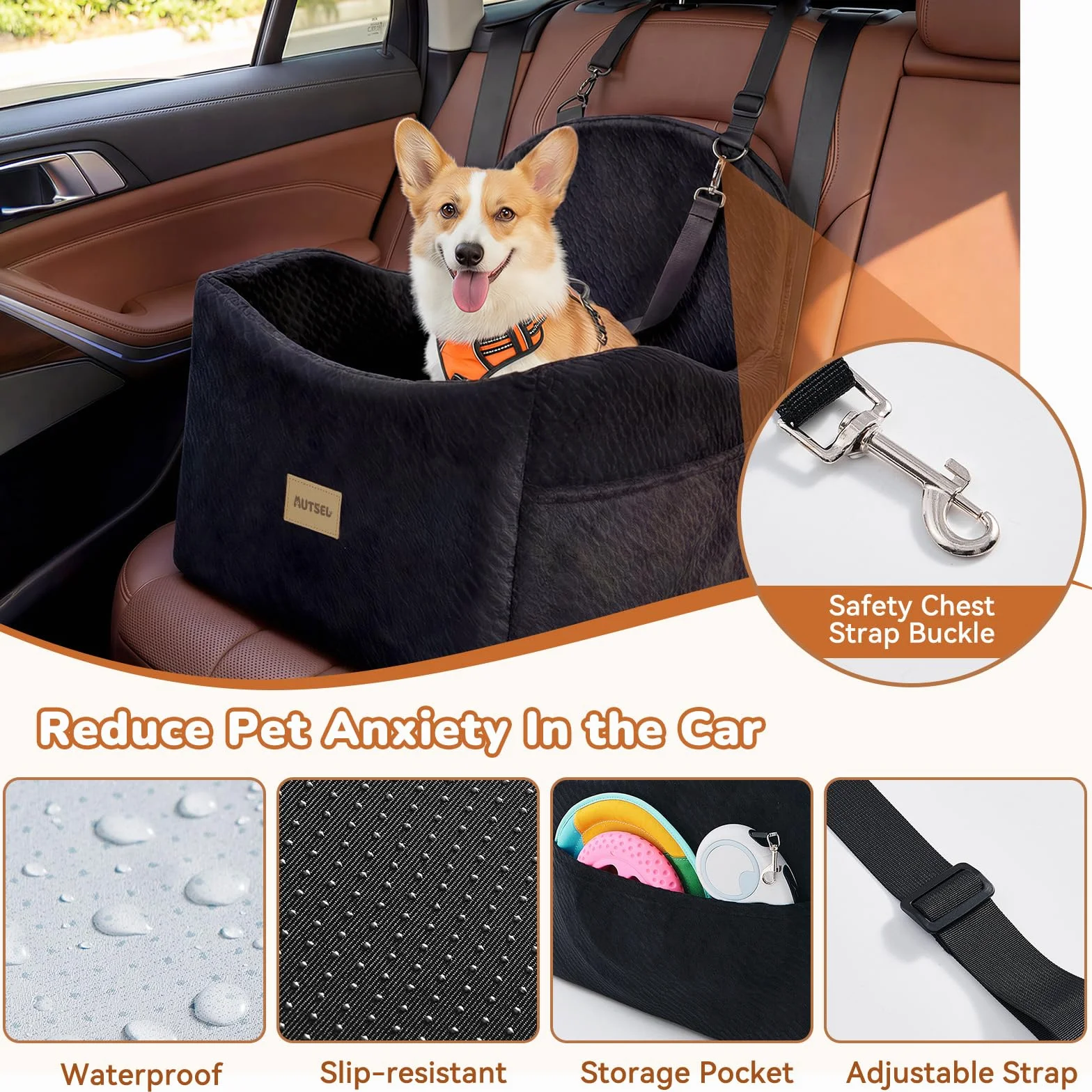 Asiento de Coche para Perros Medianos y Pequeños – Elevador Impermeable y Lavable con Arnés, Bolsillos y Base Antideslizante, para Asiento Trasero o Delantero, Negro