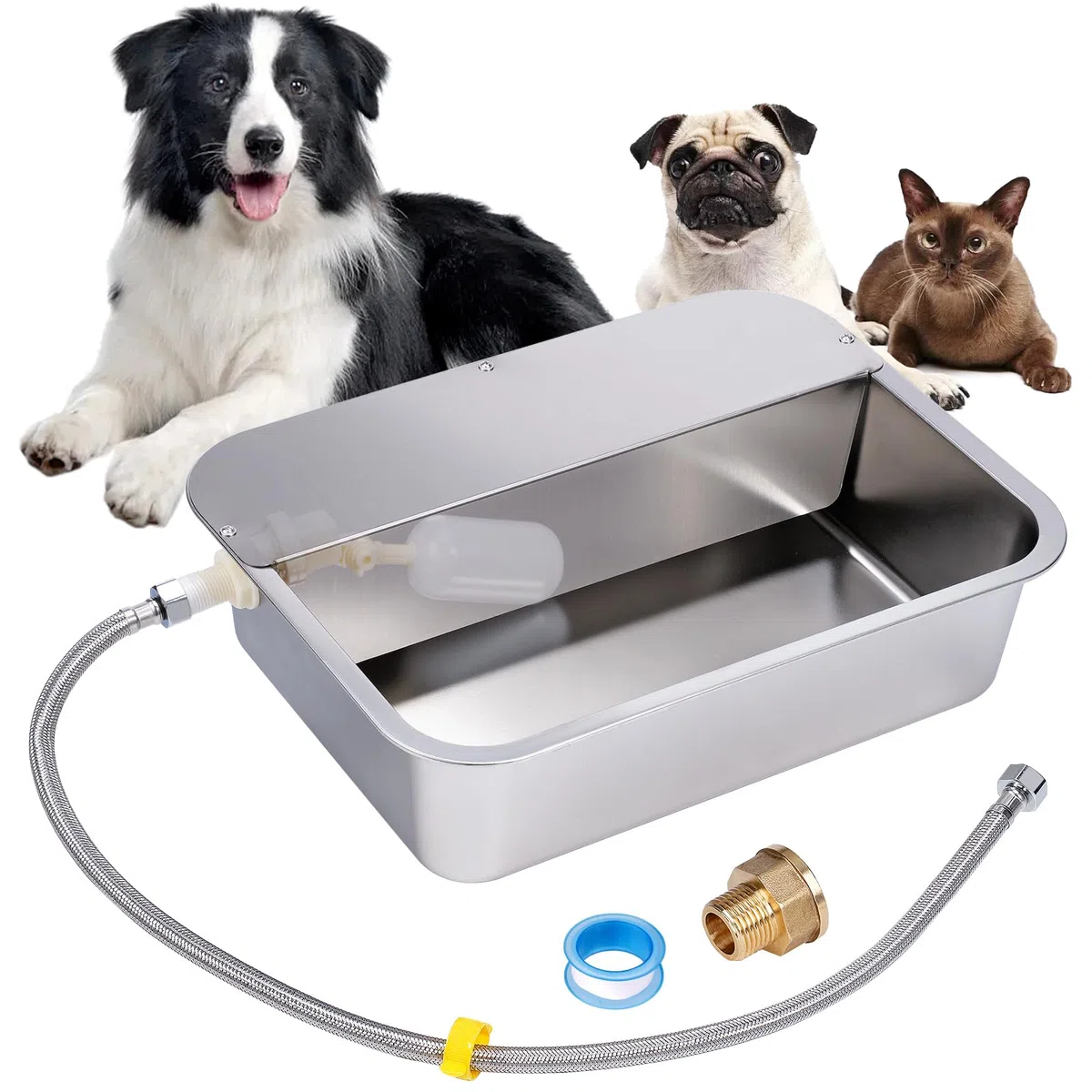 Dispensador Automático de Agua para Perros de 11L con Válvula Flotante, Bebedero para canino al Aire Libre para Dos Chucho, Cuenco de Agua para Perros de Gravedad de Acero Inoxidable (Autocompletar)