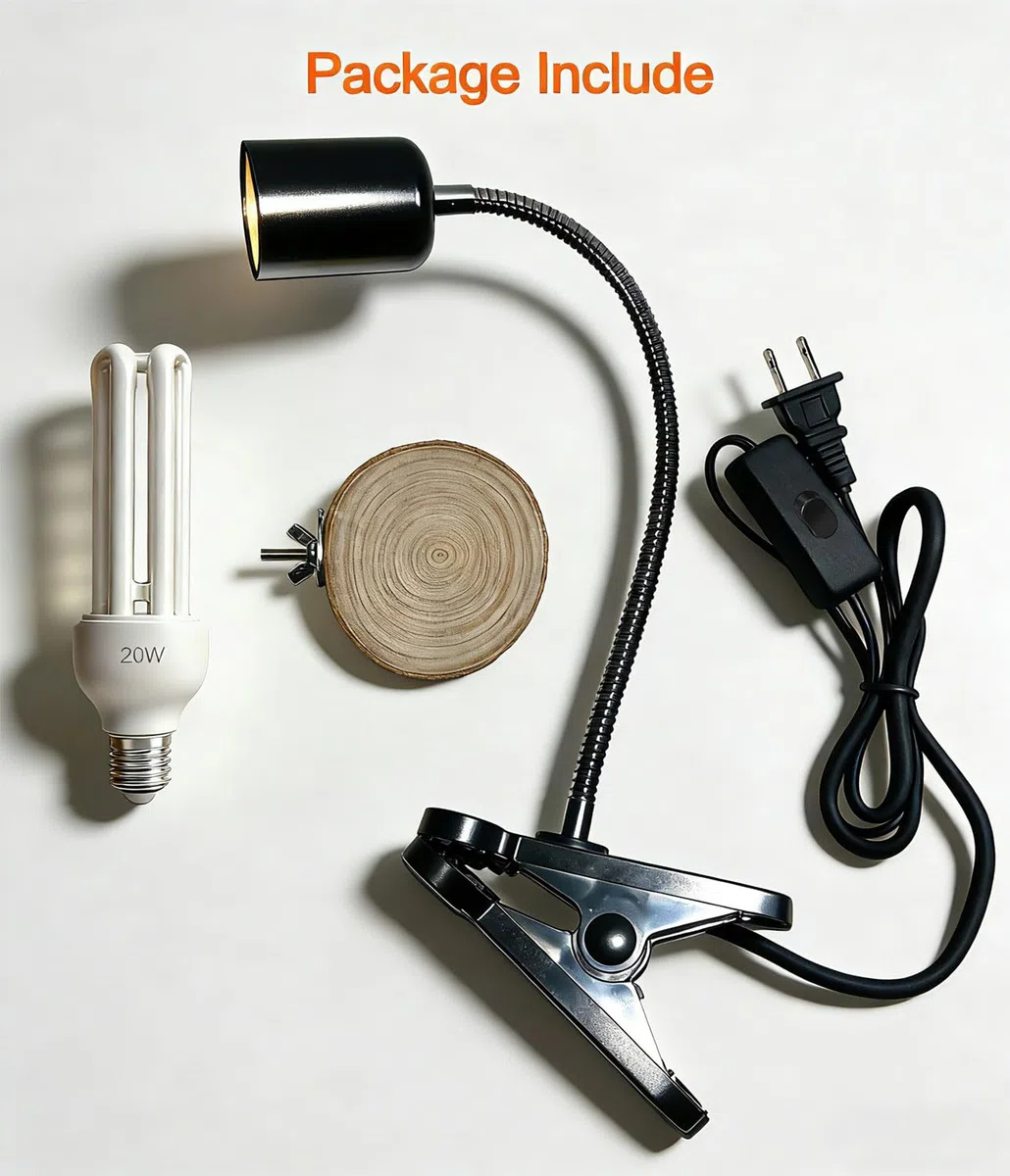 KINGYEENUO Kit Combinado de Lámpara para Jaula de Pájaros, Lámpara con Pinza y Tablero de Madera, Bombilla Fluorescente Compacta 20W 2,4% UVB UVA, E27 Luz UVB para Todo Tipo de Pájaros en Cautiverio
