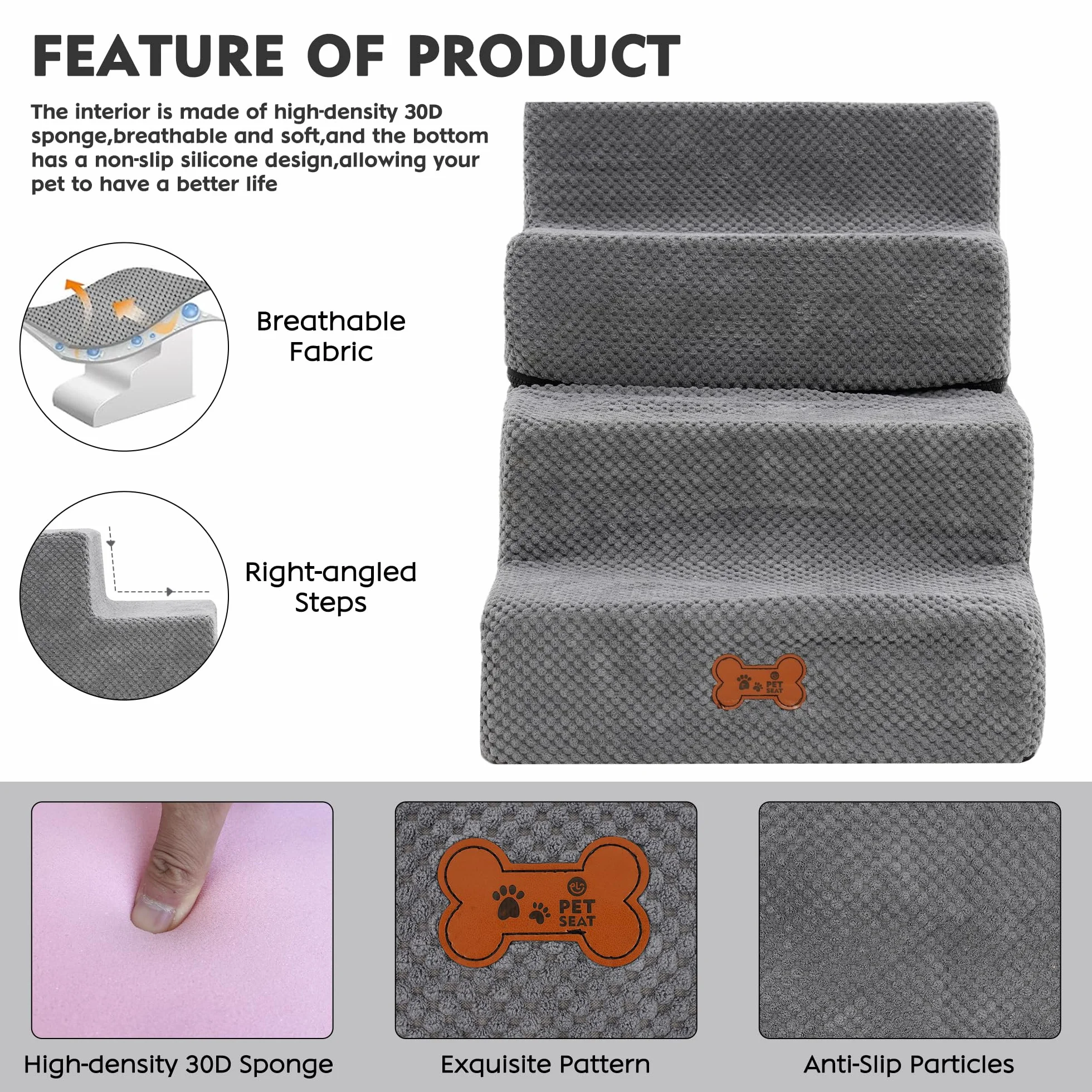 Escaleras para Perros 4 Escalones, Rampa para Mascotas Extraíble y Lavable, Escalera Antideslizante para Ccachorros, Rampa para Perros Pequeños y Gatos, para Sofá o Cama, Gris