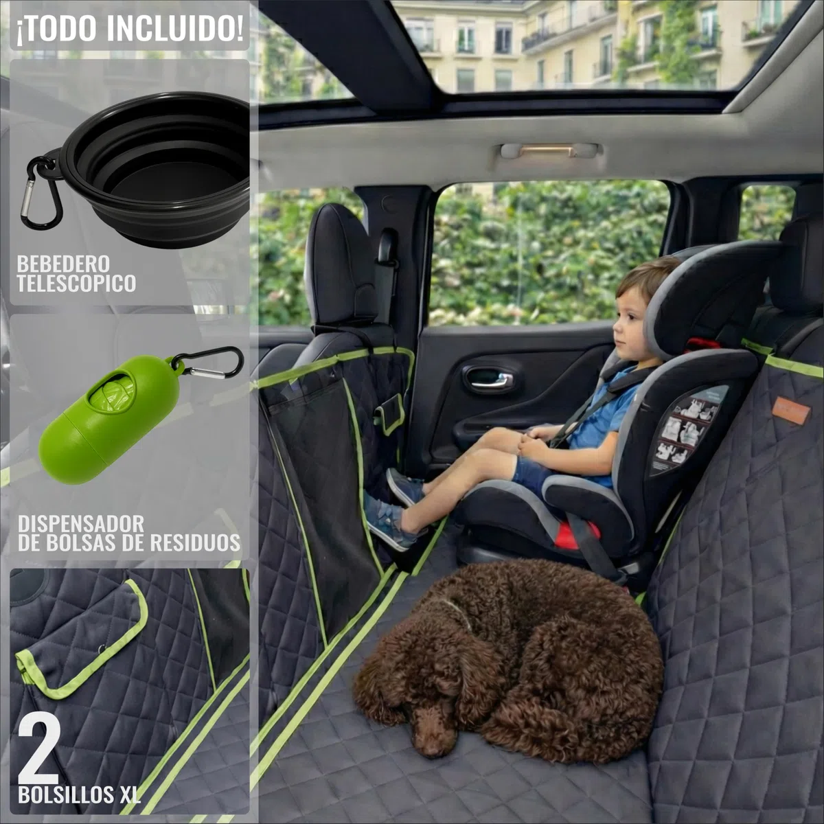 Funda Perro Coche Asientos Traseros 6-En-1 | Fundas para Coches Asientos Impermeables 600D con Ventana De Malla Y Laterales Elevados | Protector Asiento Coche Perro Trasero Negro/Verde
