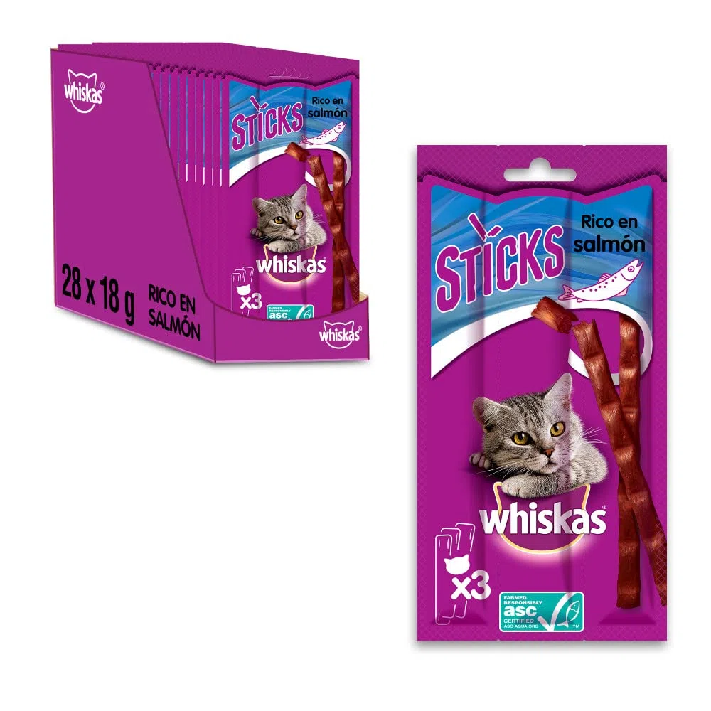 Whiskas Premios para Gatos en forma de Sticks, Sabor Salmón (Pack de 28 x 18g)