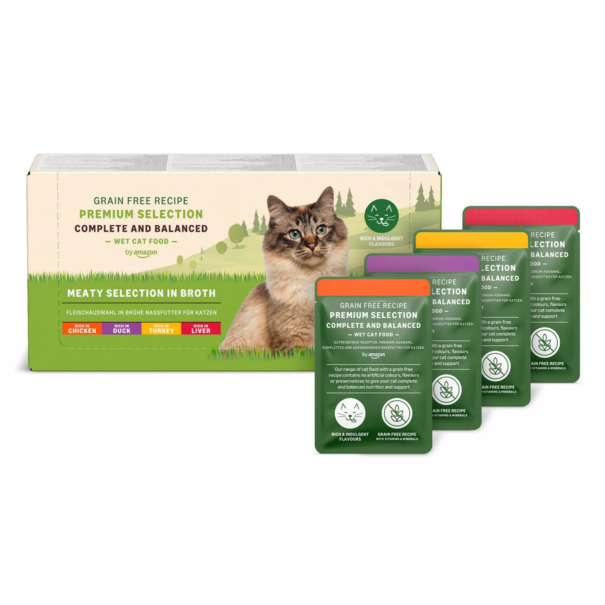 by Amazon Comida húmeda para Gatos Adultos sin Cereales Selección de Carne en Caldo, 4.76 kg (56 Paquetes de 85g) (Antes Lifelong)