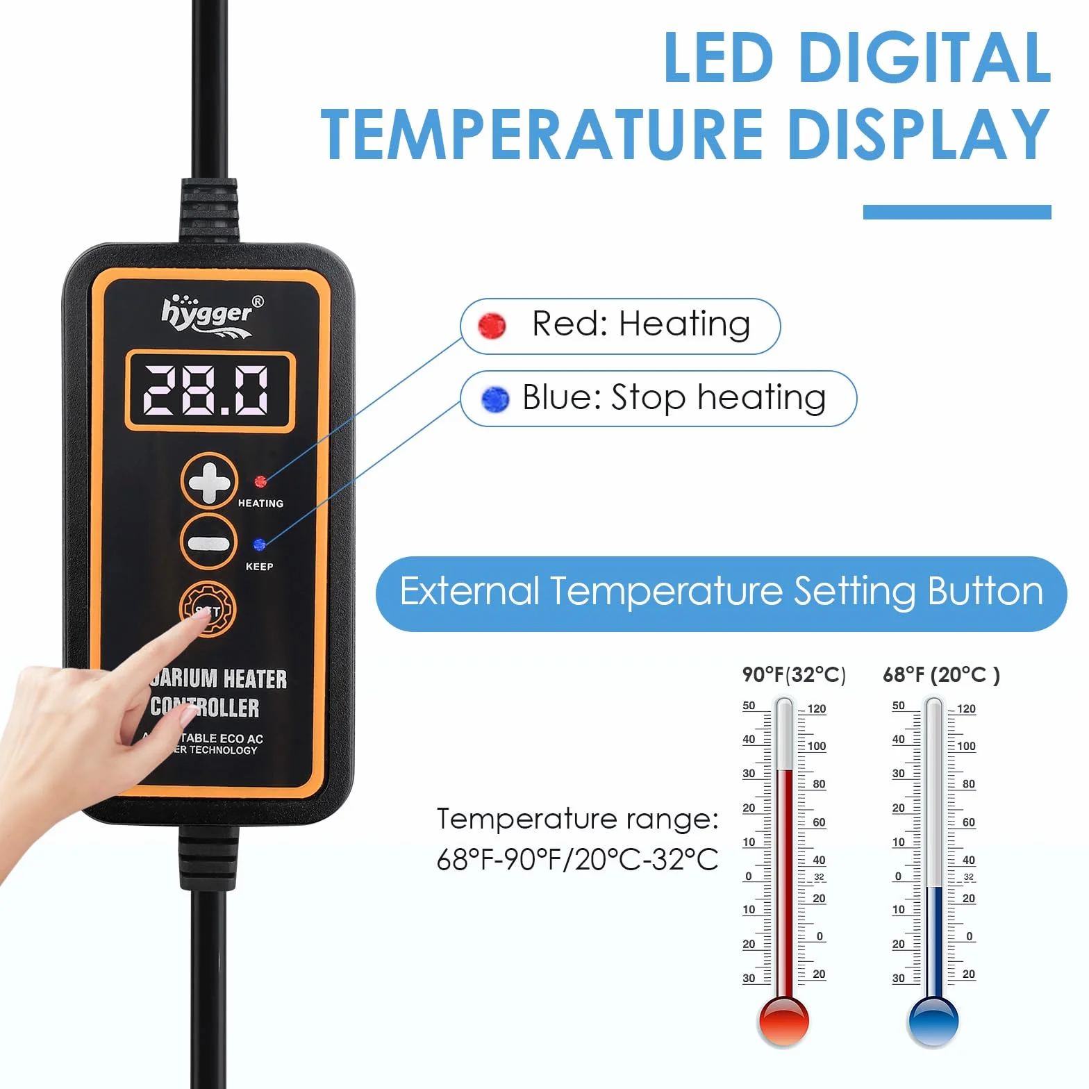 Hygger Mini Calentador de Acuario, 25W Sumergible Betta Calentador de Acuario con Pantalla Digital Controlador Externo, Calentador de Acuario Pequeño Adecuado de Agua Dulce de hasta 20L Tanks