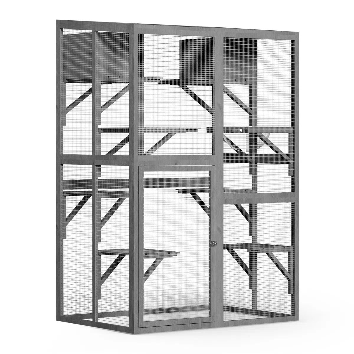 Wiltec Recinto de Exterior para Gatos 116 x 82 x 175,7 cm en Madera de Abeto, Malla de Acero galvanizado, Techo de PVC. Puerta Amplia, 5 Niveles para más Actividad Felina