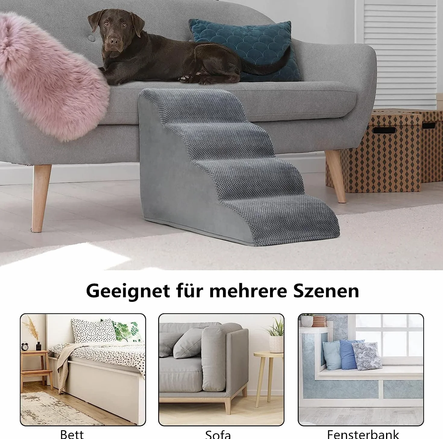 LIANTRAL Escalera y Rampa para Perros para Cama o Sofá, 4 peldaños de Espuma Alta Densidad con Funda Lavable y Rodillo de Pelusa, Escalera para Perros Pequeños, Gatos y Mascotas Mayores, Gris