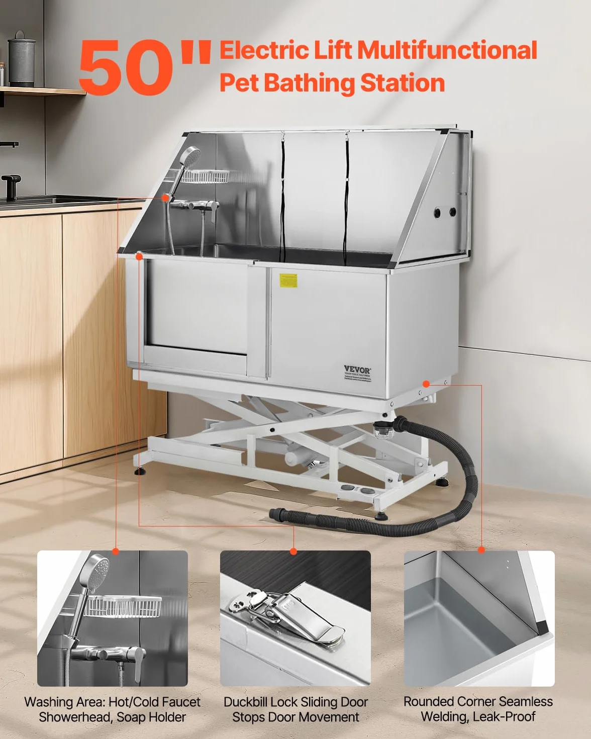 VEVOR Estación de Lavado de Perros con Elevación Eléctrica, Bañera de Acero Inoxidable 127cm con Filtro de Agua de Polietileno, Grifo y Cabezal de Ducha, Fregadero para Mascotas, Puerta Izquierda