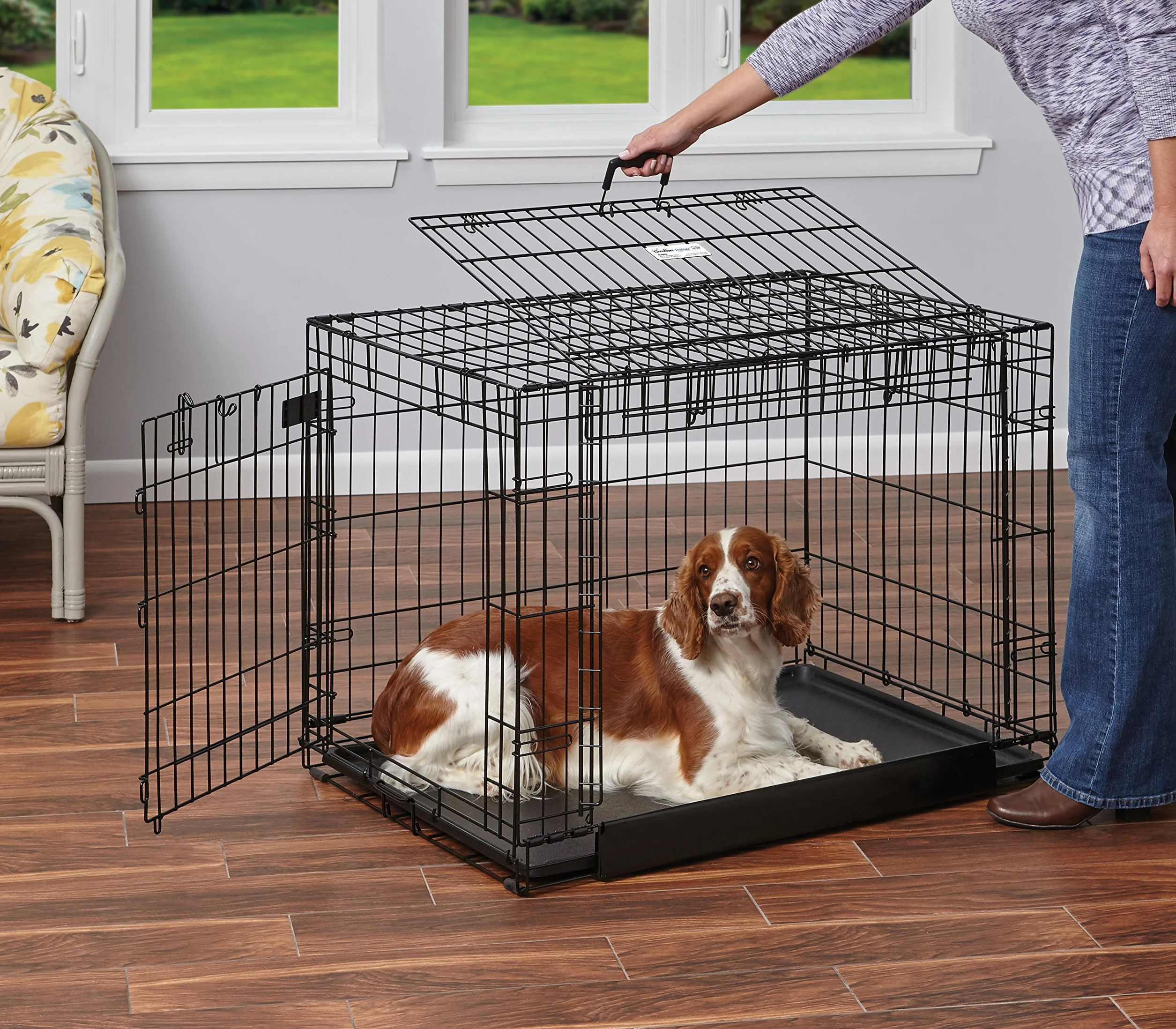 MidWest Homes for Pets Ovation - Jaula de metal plegable con doble puerta para perros, tamaño intermedio, 91 cm, puerta frontal y puerta lateral levadiza, diseño que ahorra espacio