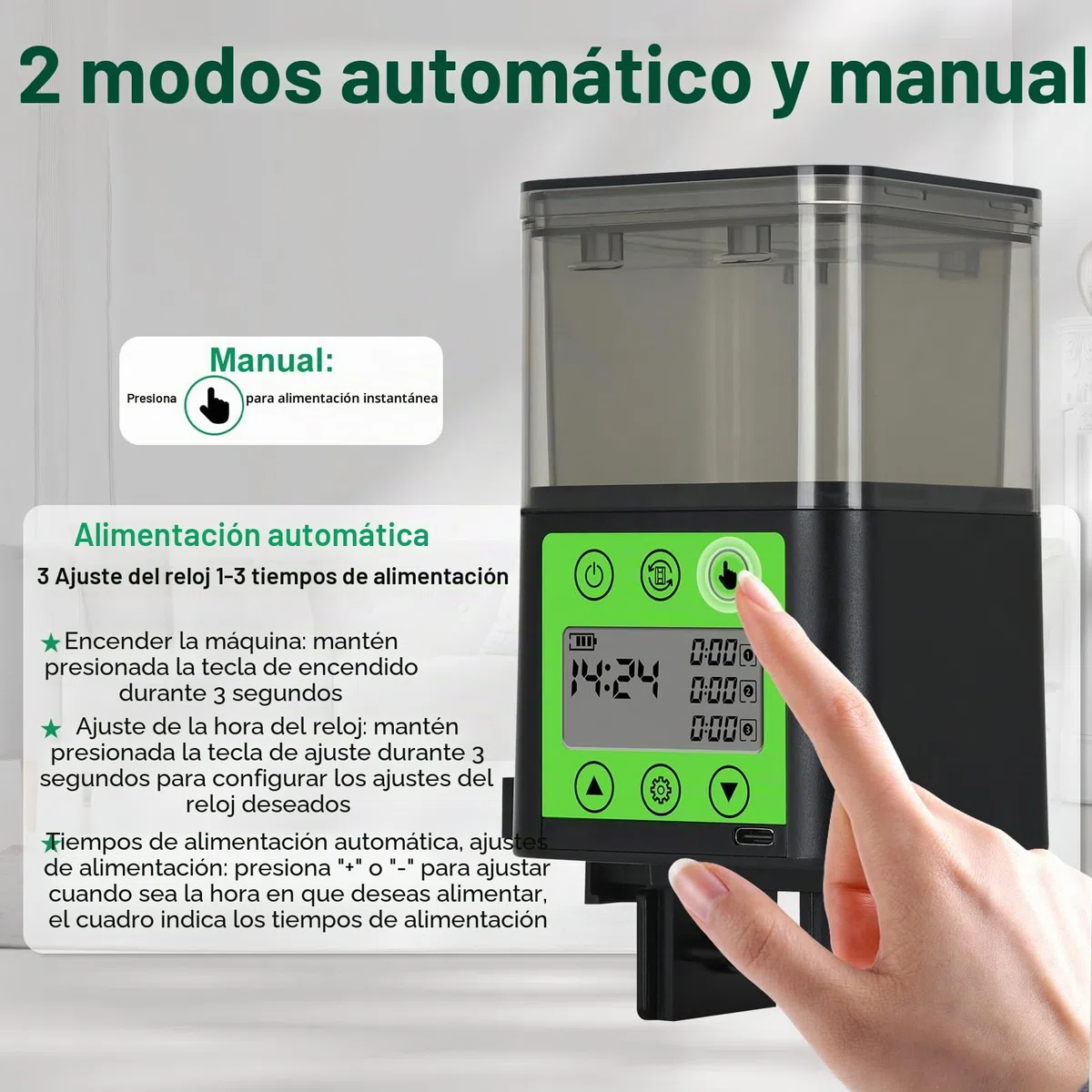 Lychee Dispensador automático de alimentos para peces recargable por USB 320 ml de gran capacidad con pantalla LCD resistente a la humedad con temporizador eléctrico