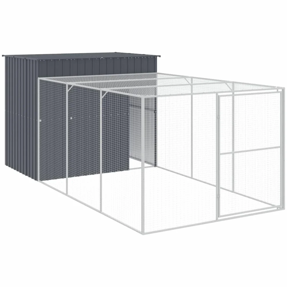 vidaXL Caseta Perros con Corral, Casa Jaula para Mascotas con Tejado, Perrera para Cachorros, Refugio para Animales, Acero Galvanizado Gris