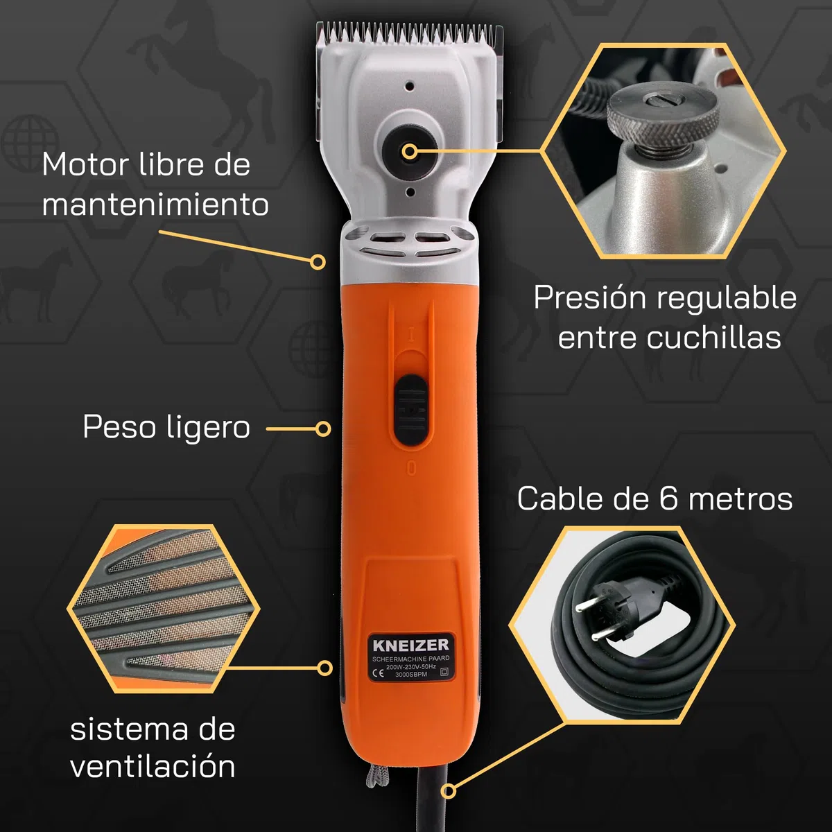 Máquina de Esquilar Caballos KNEIZER – Kit Completo con Accesorios – Cuchillas Intercambiables – Silenciosa y con Baja Vibración – Para Todo Tipo de Pelaje y Zonas del Cuerpo – Sin Mantenimiento