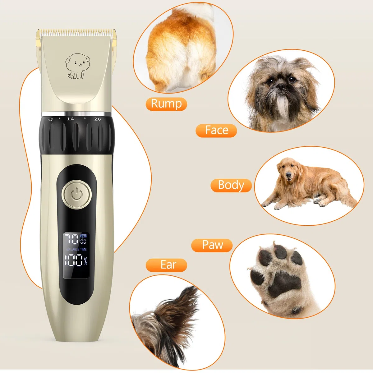 YAZEKY Premium Maquina Cortar Pelo Perros,Bajo Nivel de Ruido Cortapelos Profesional para Perros,Cortapelos para Mascotas Impermeable Todo el Cuerpo Lavable Inalámbrico Recargable (Oro)